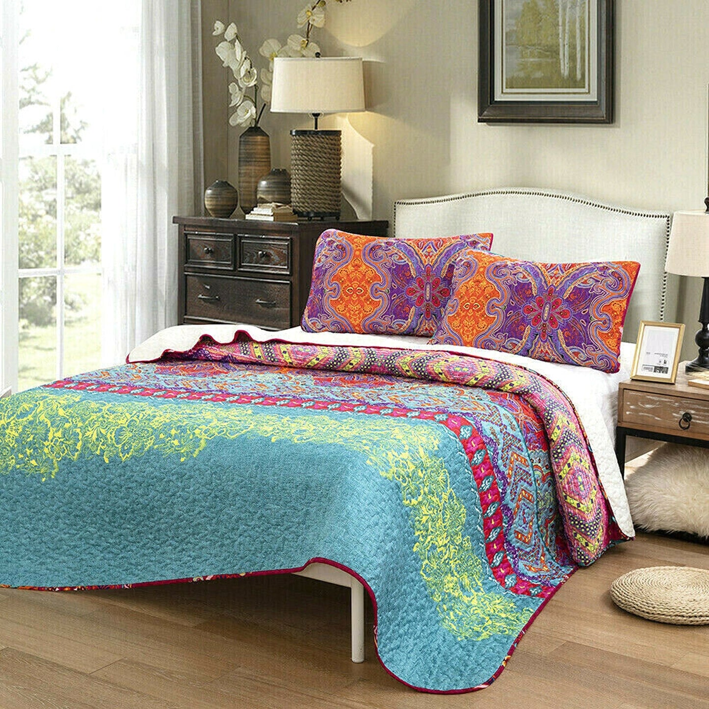 Bohemian Style Quilted Bedspread Queen King Size Coverlet Comforter Bedding