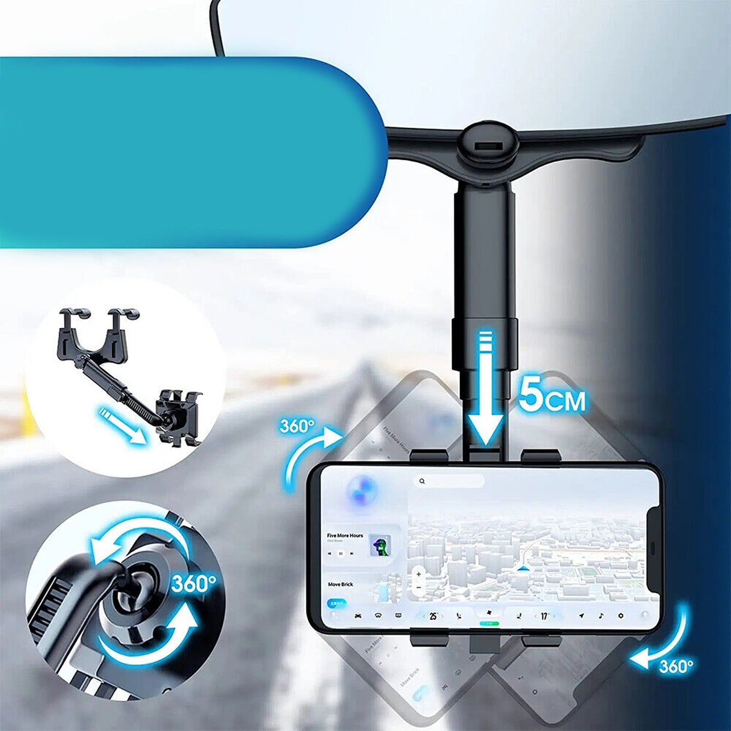 Rearview Mirror Phone Holder 360 Rotatable Car Multifunctional Stand