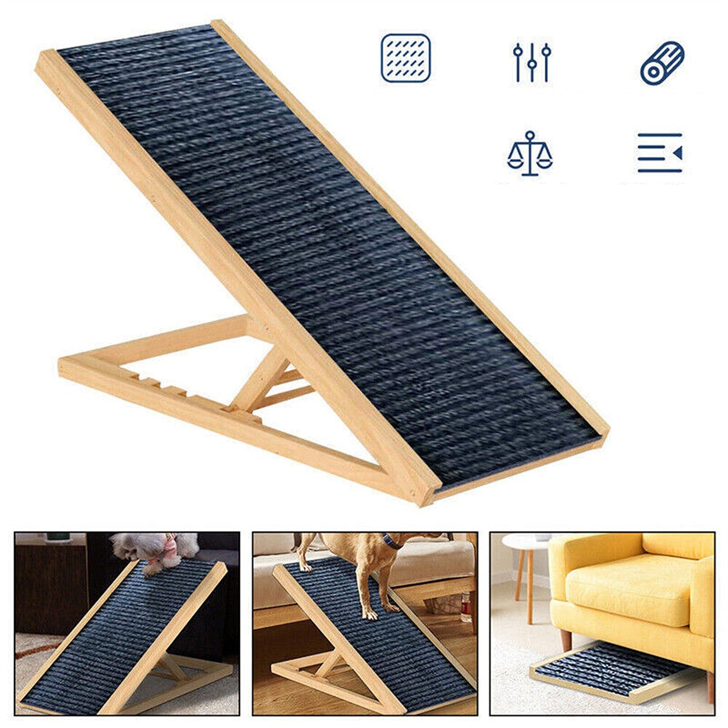 Adjustable Wooden Foldable Pet Ramp for Dogs Access to Bed Sofa Car