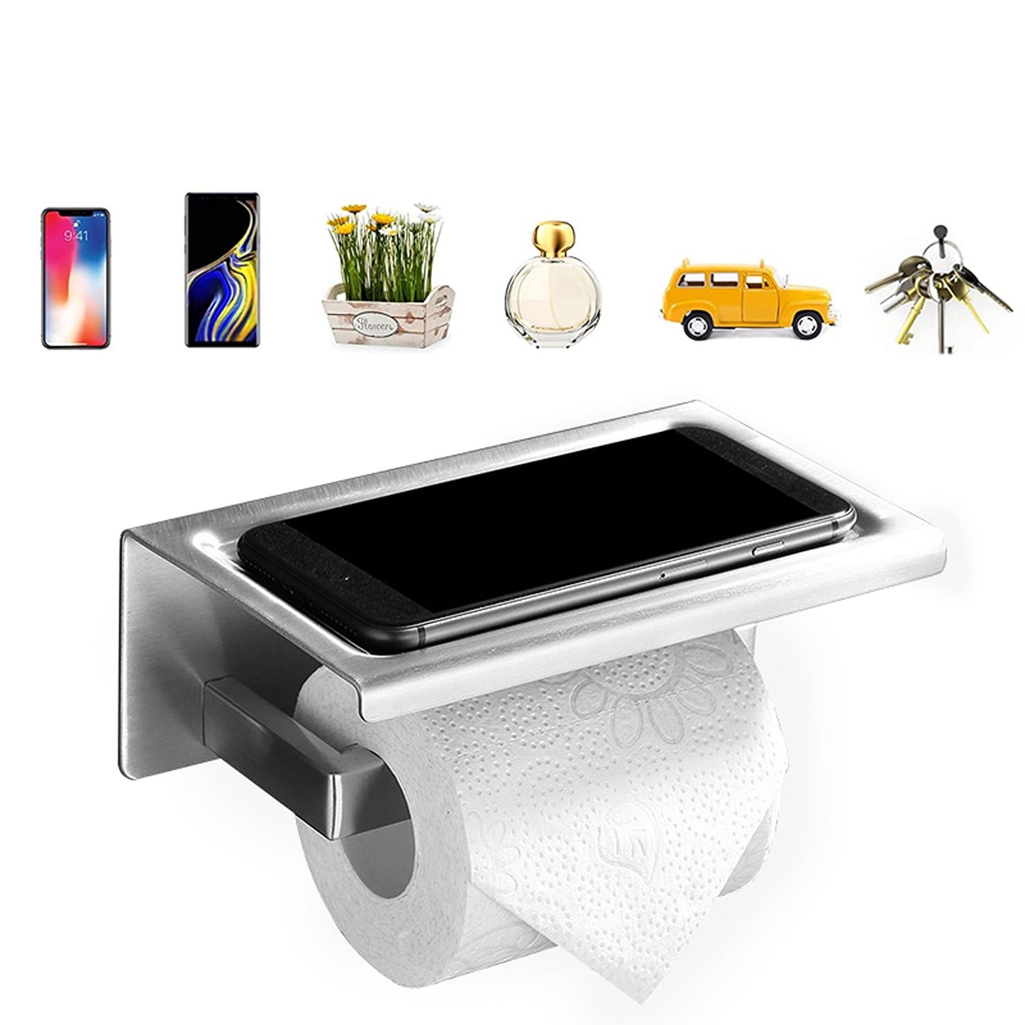 Brass Toilet Paper Roll Holder with Phone Shelf Wall Mounted Tissue Rack