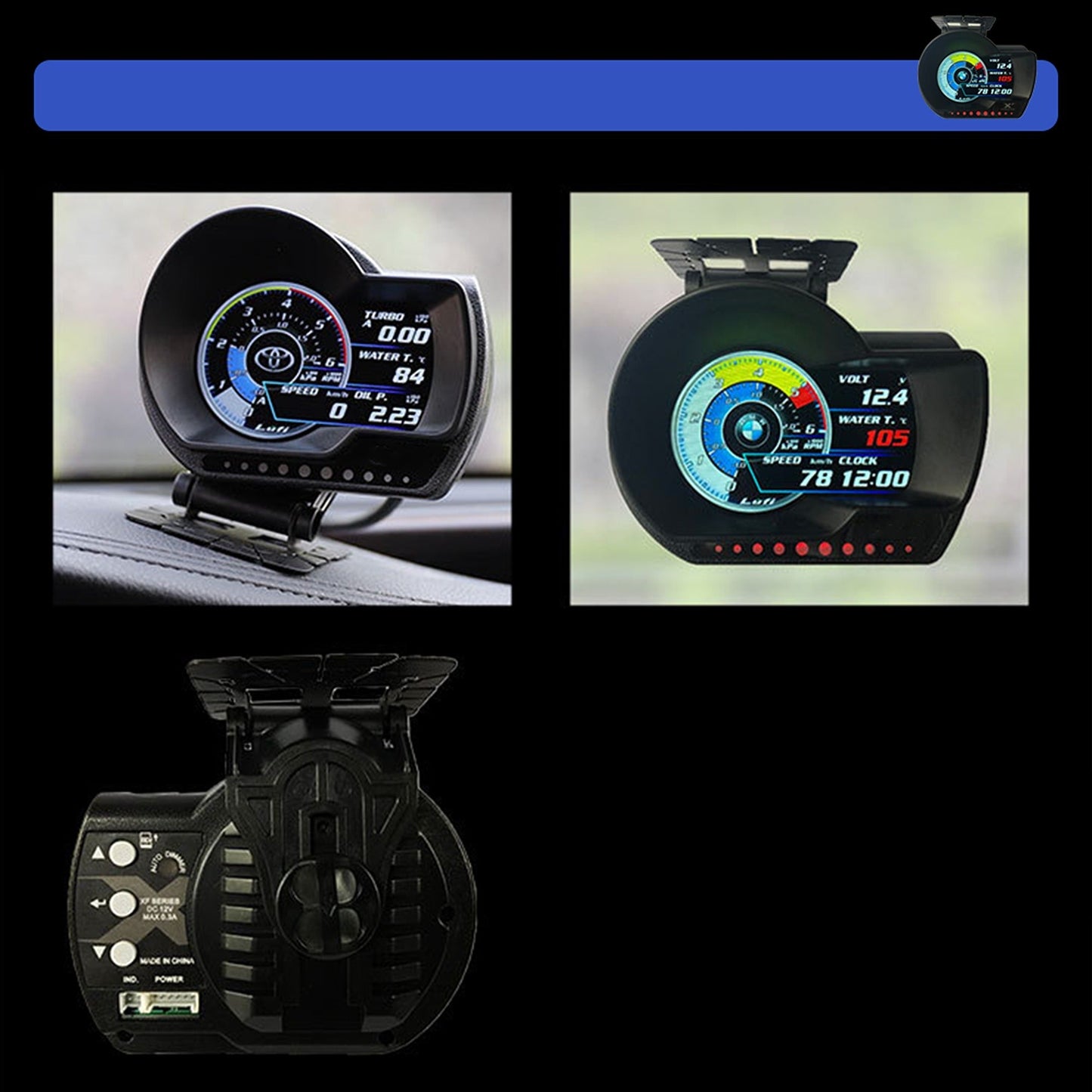 Lufi XF2 Multi-Functional OBD2 Gauge with Boost Water Oil Temp and Scanner