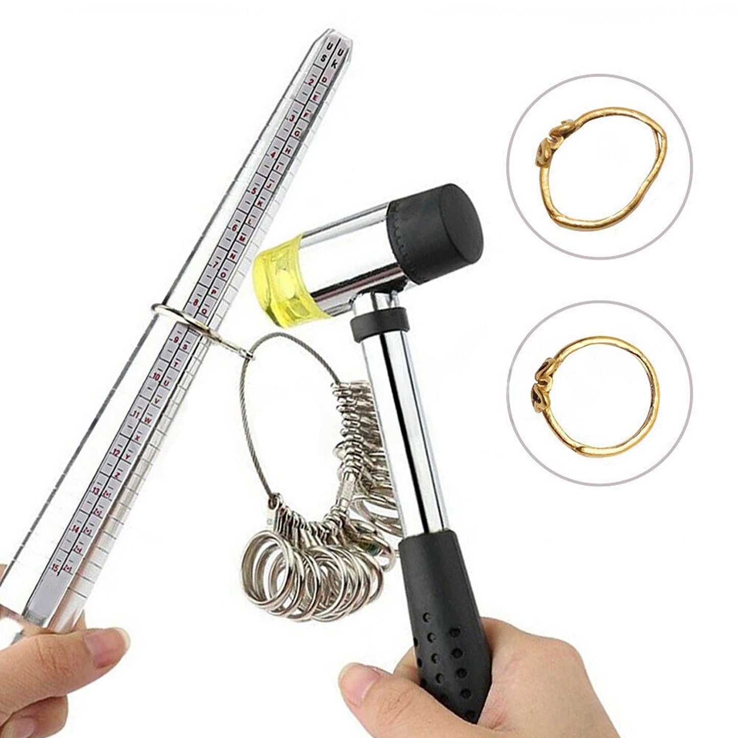Jewelry Making Steel Ring Sizer Mandrel Gauge Rubber Hammer Tool Set