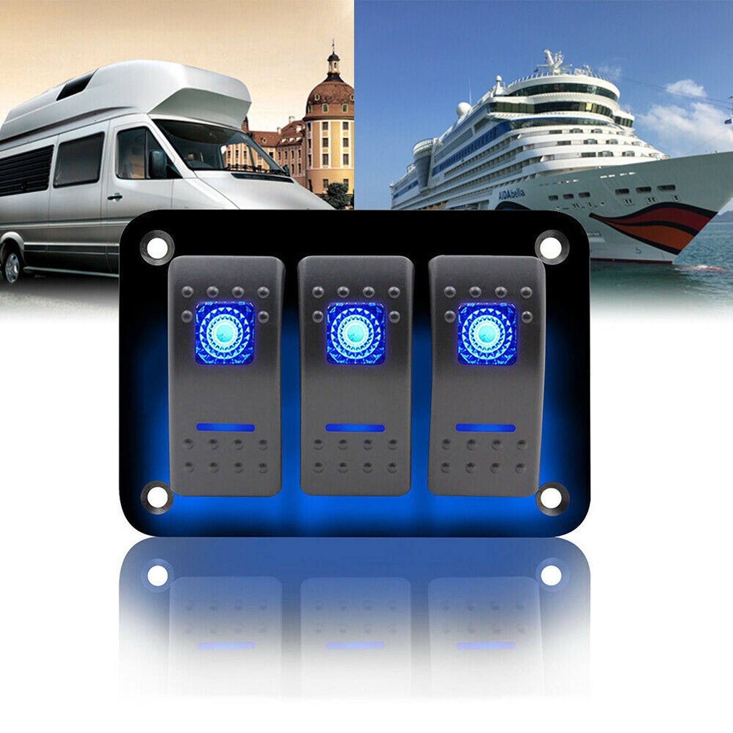 3 Gang Blue LED Rocker Switch Panel with Dual USB for Car Boat and RV
