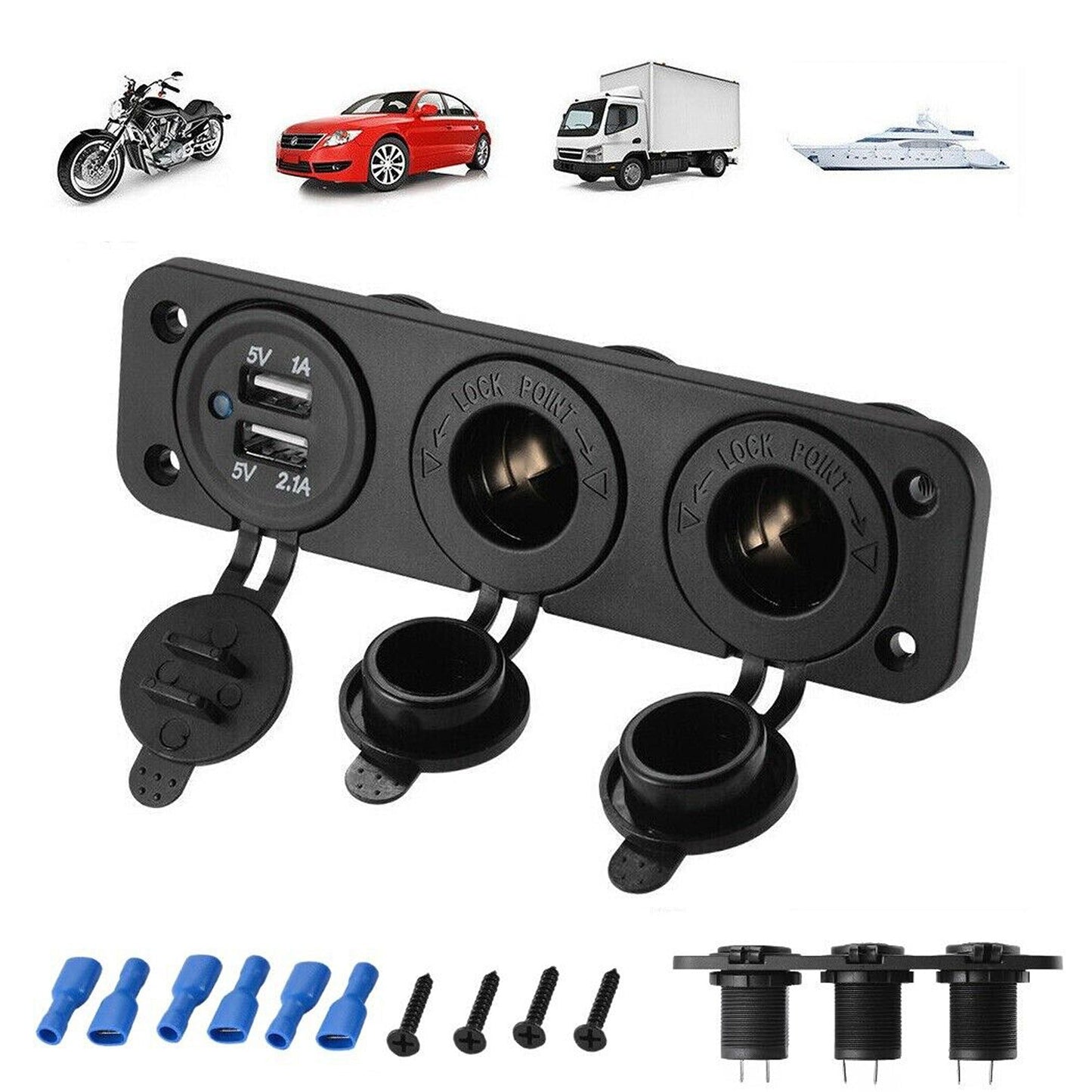 Dual USB Charger and Power Socket Panel for Car Boat with Voltmeter Outlet