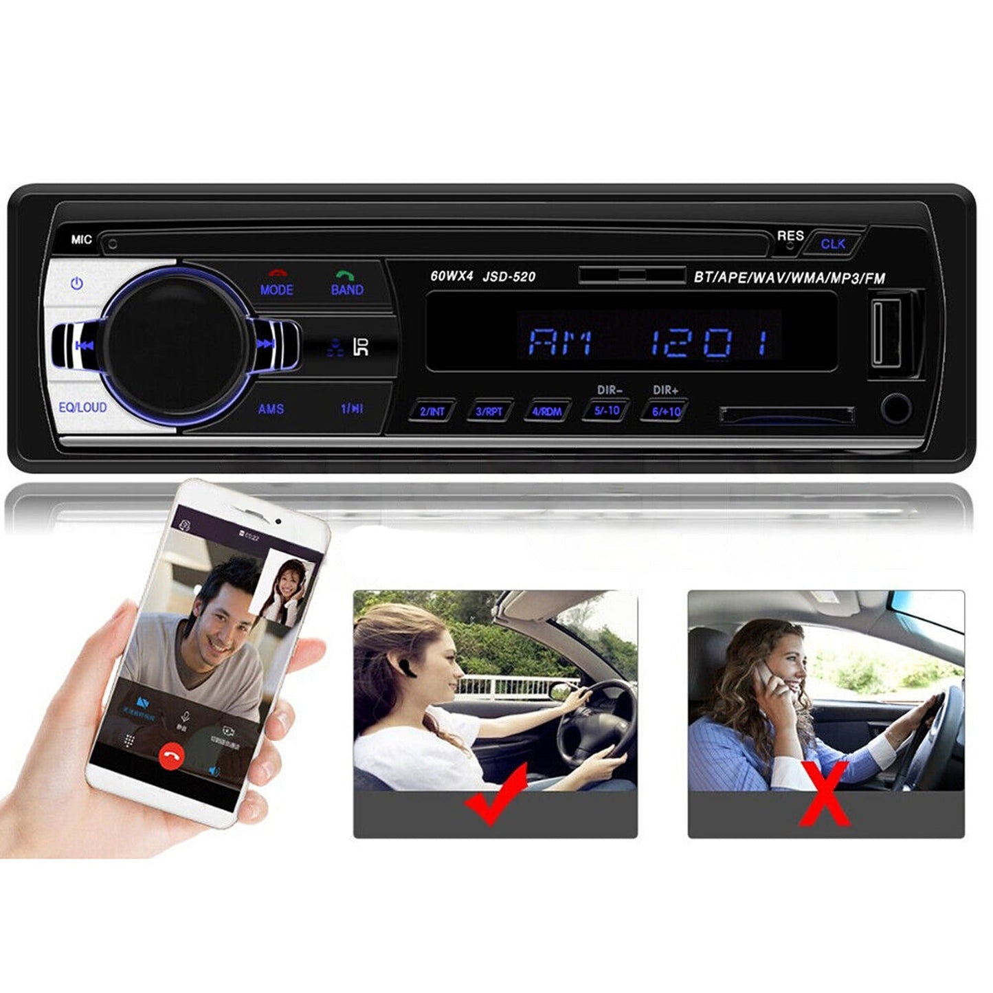 1Din Car Stereo with Bluetooth FM MP3 USB SD AUX Audio Player