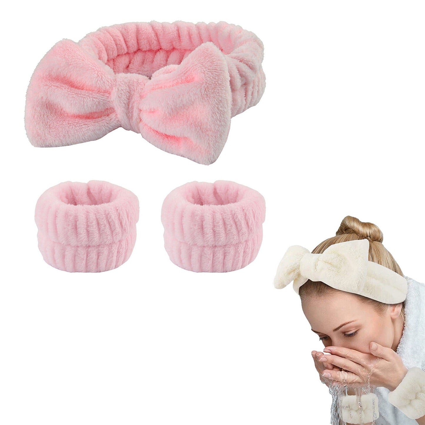 Absorbent Spa Wristbands and Headband Set for Face Washing