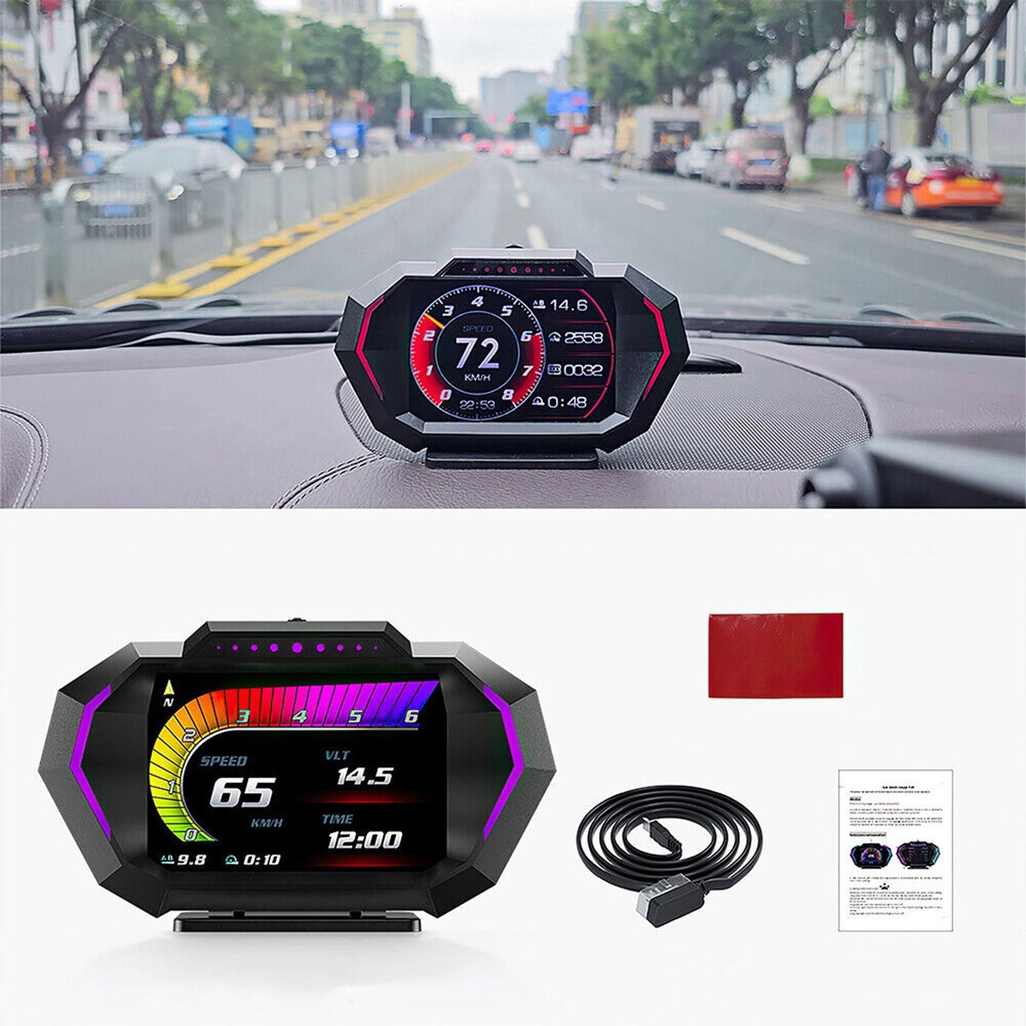 Digital Car HUD OBD2 and GPS Gauge with Speedometer Turbo RPM and Temp Alarms