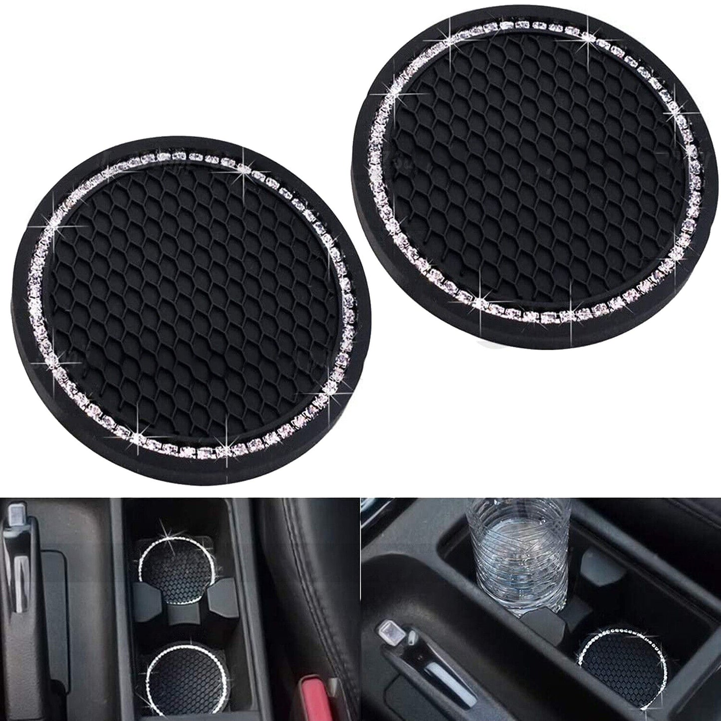 2pcs Anti-Slip Black Car Coasters Bling Cup Holder Inserts