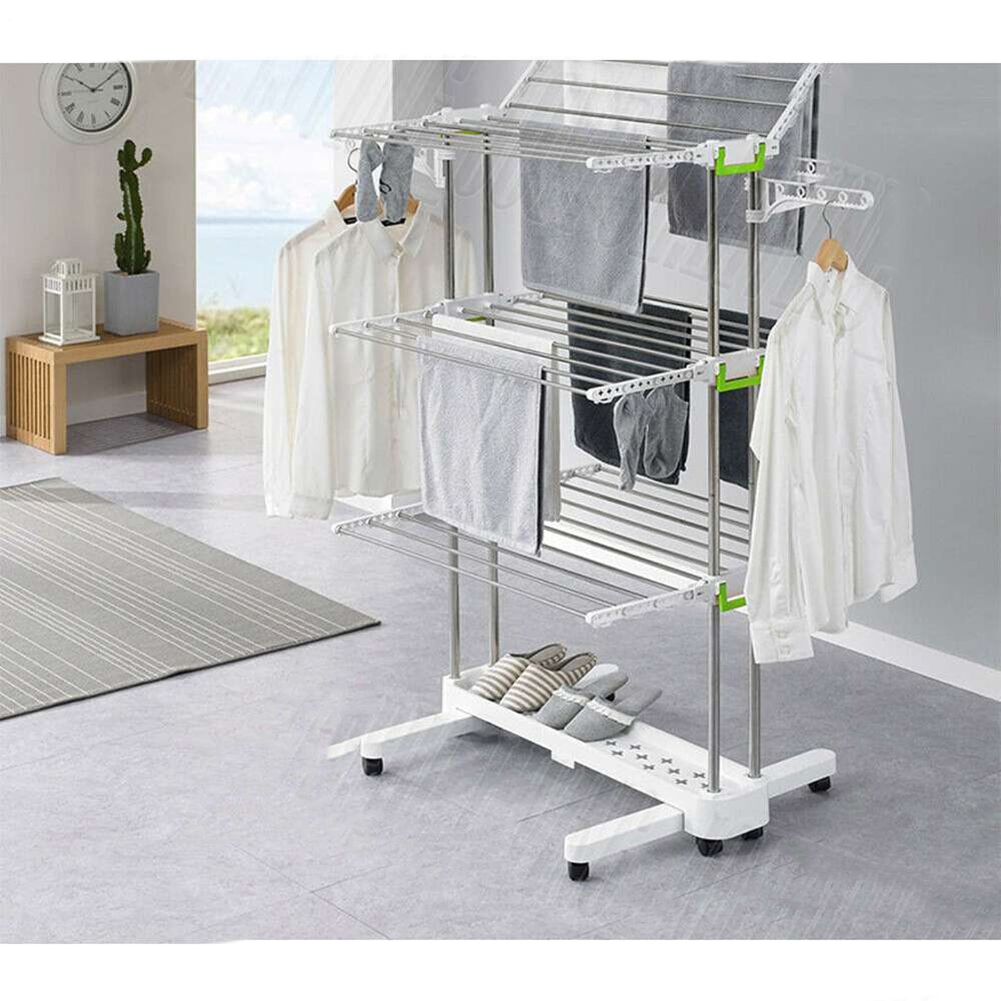 Large Premium Foldable Clothes Rack with Rolling Stainless Rod for Laundry Drying