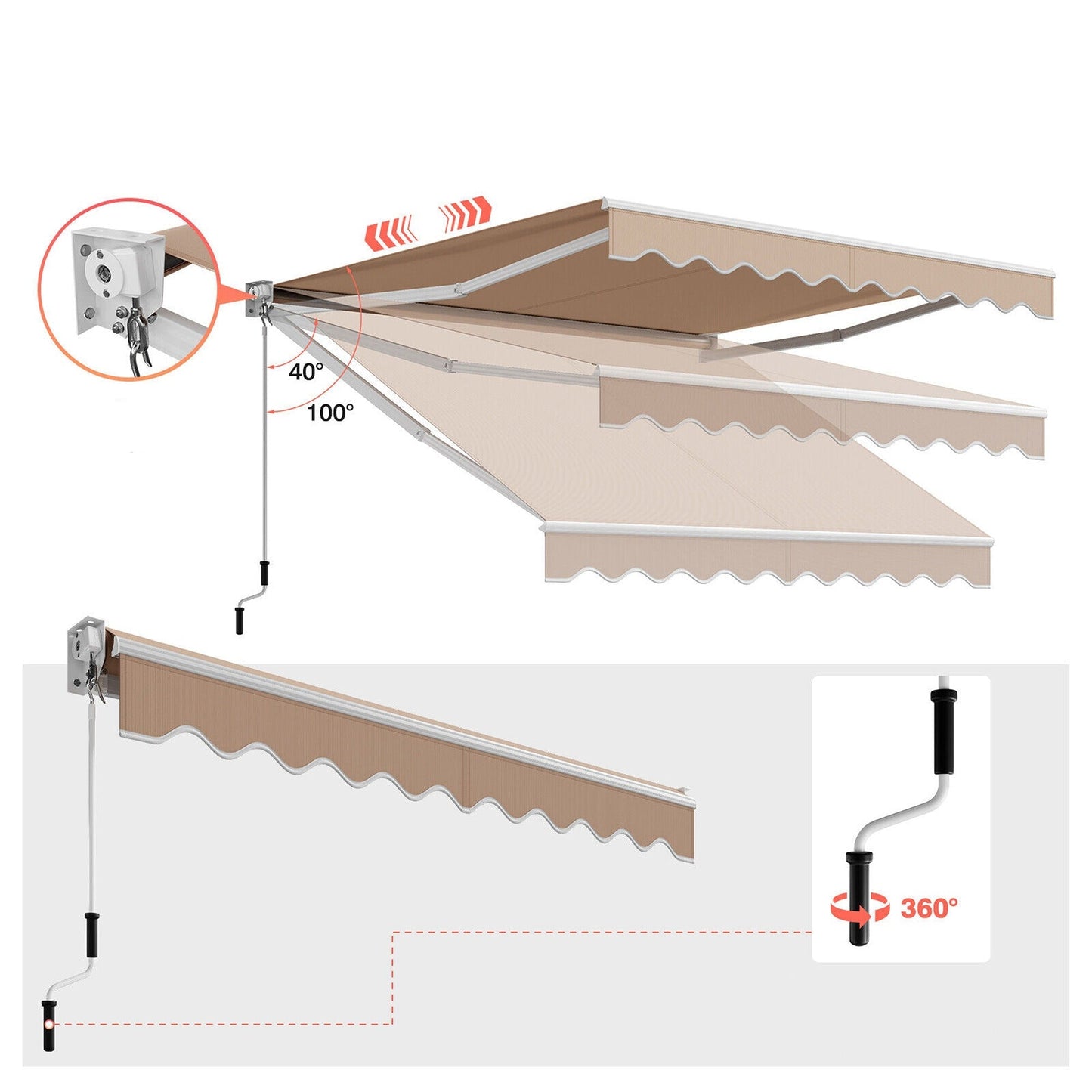 Manual Outdoor Sunshade Canopy Awning with Retractable Folding Arm