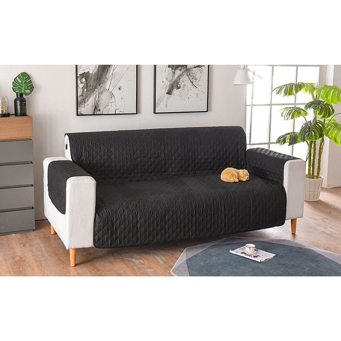 Black Quilted Couch Covers Lounge Slipcover Seater Pet Sofa Protector Cover