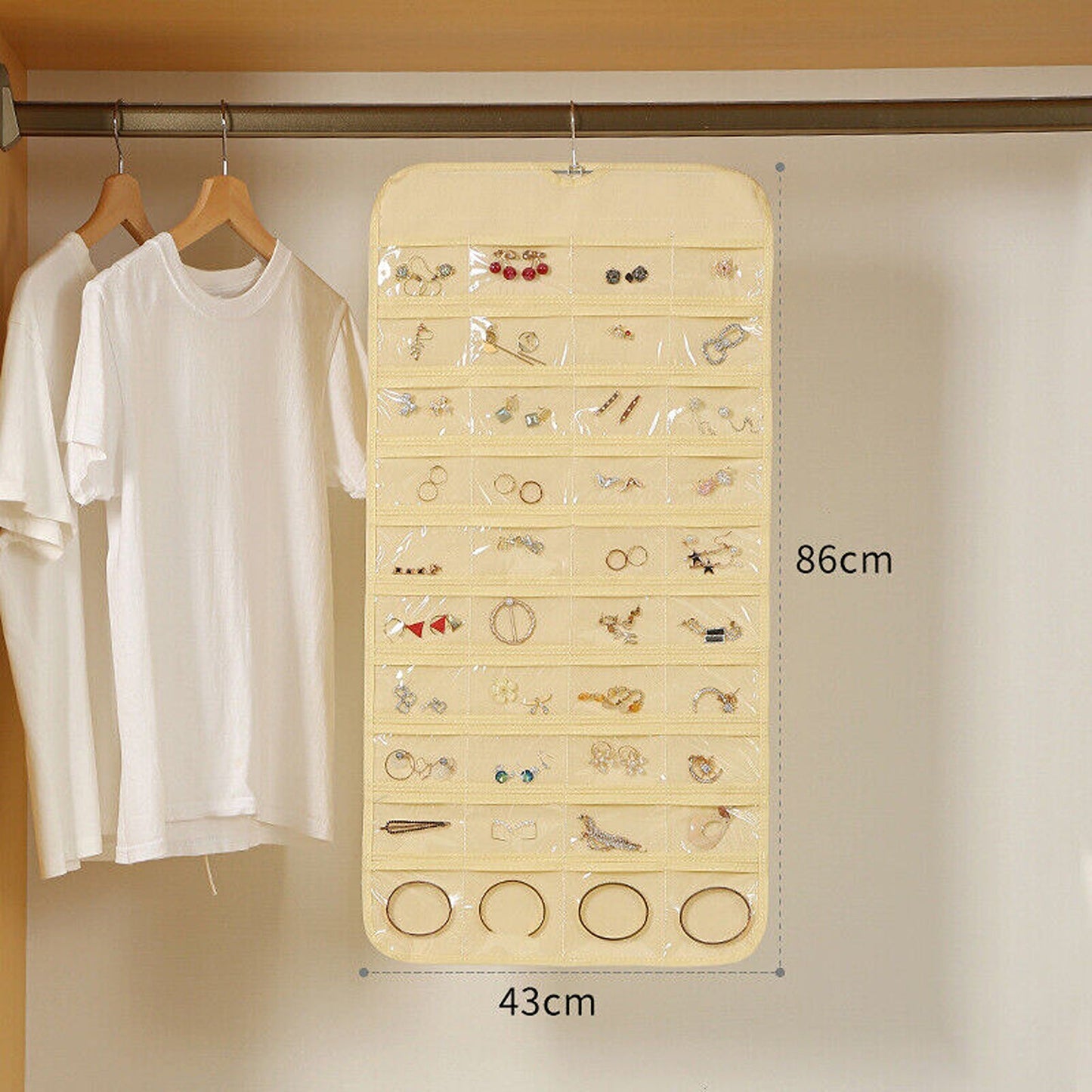 Beige Jewelry Organizer Holder with Earring Display Hanging Pouch