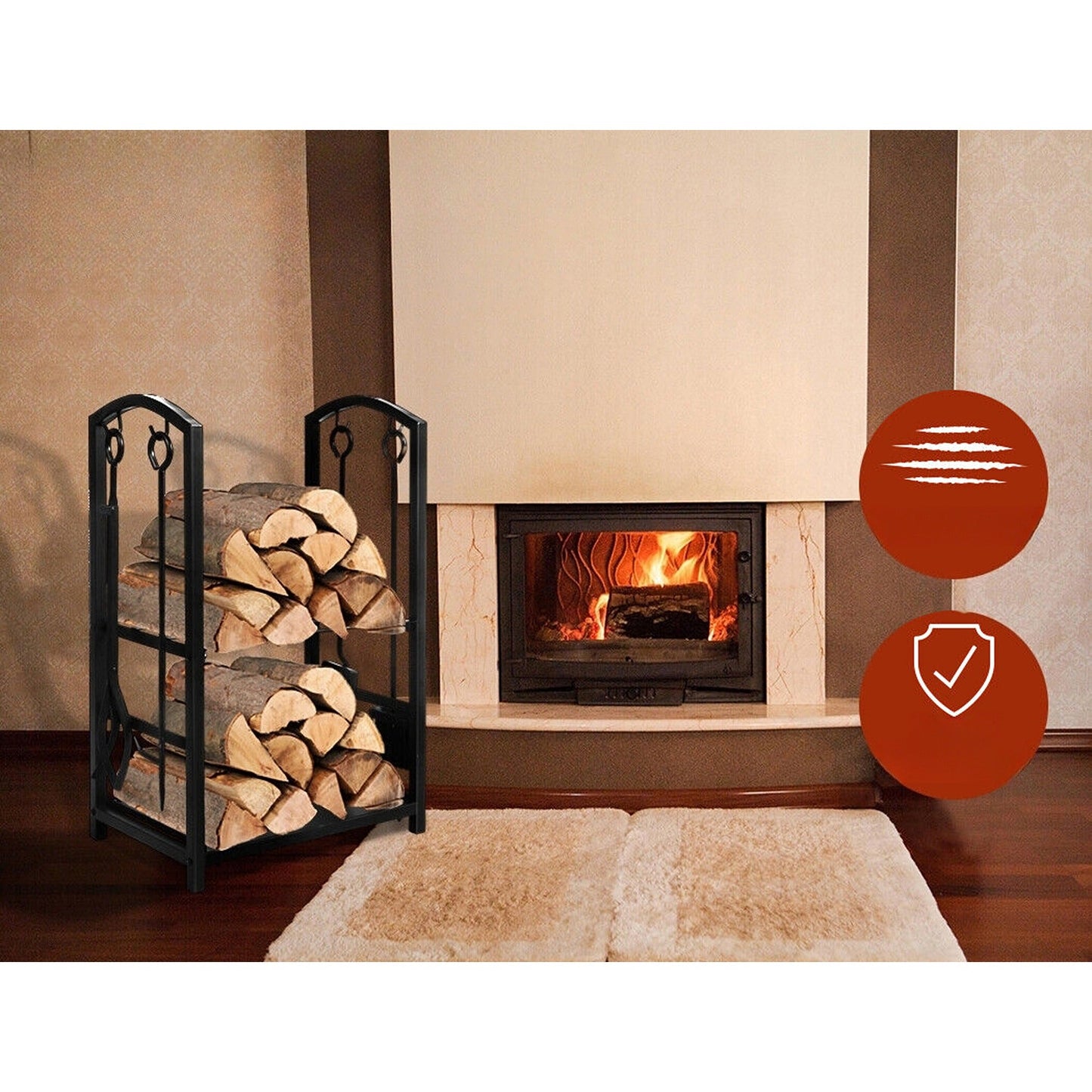Large Steel Firewood Rack with Fireplace Tool Holder