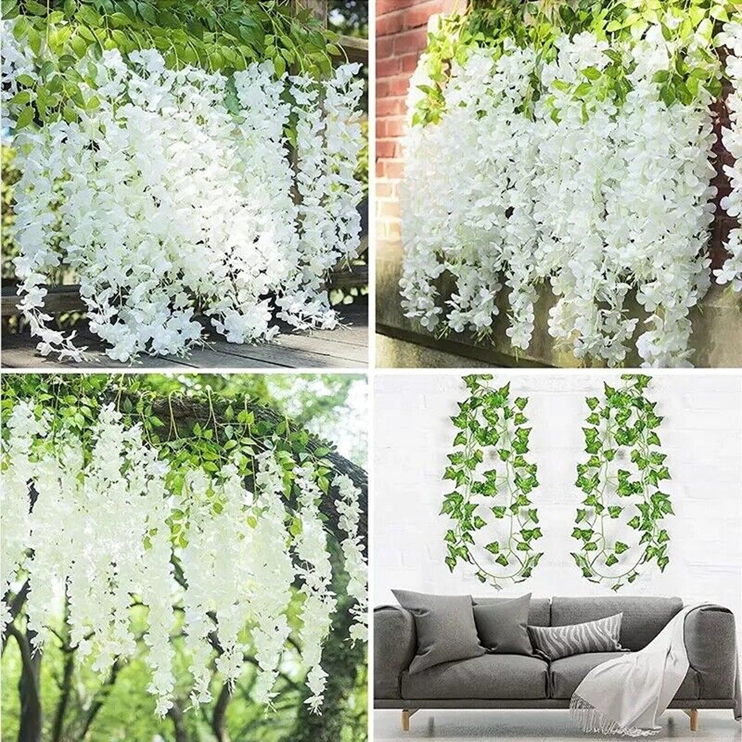 12pcs Hanging Silk Wisteria Vine Garland Artificial Leaf Decoration for Weddings
