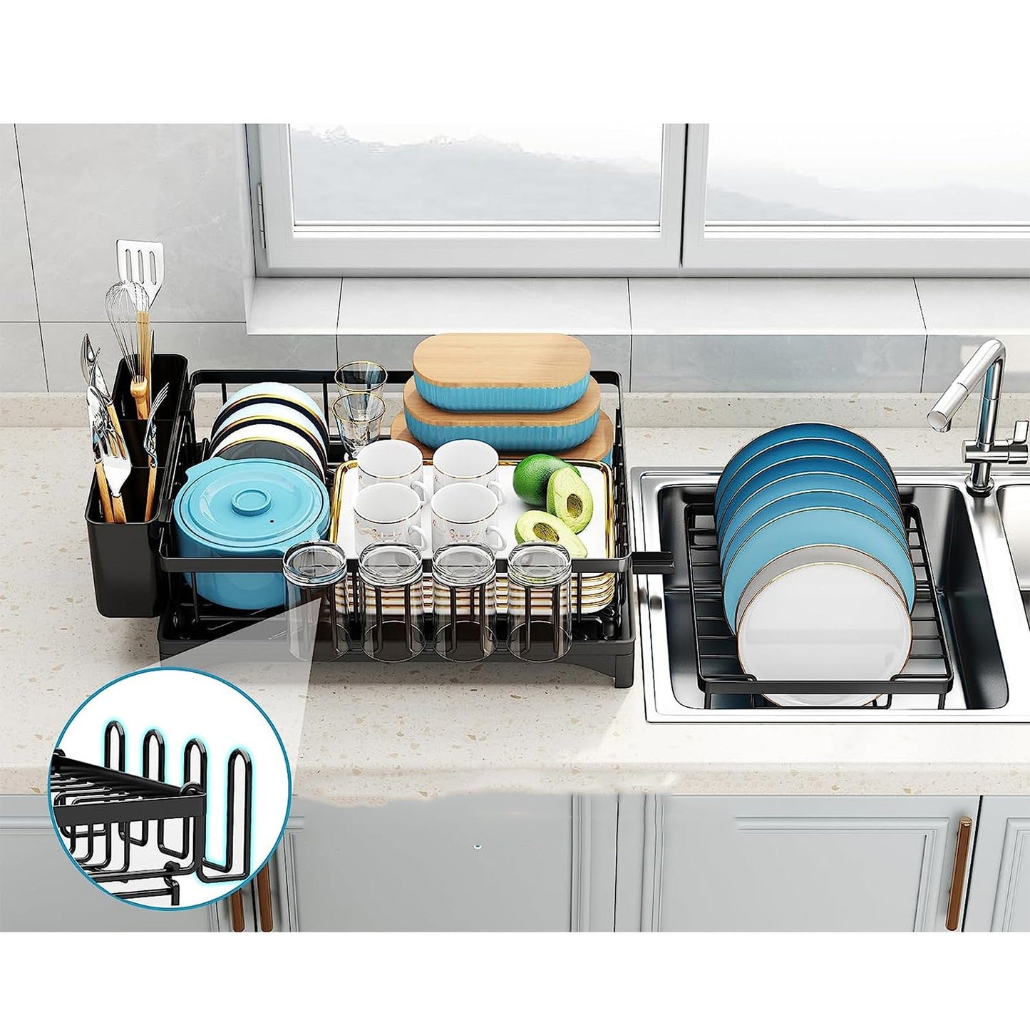 Over Sink Dish Drainer with Cup Holder Two-Tier Kitchen Rack