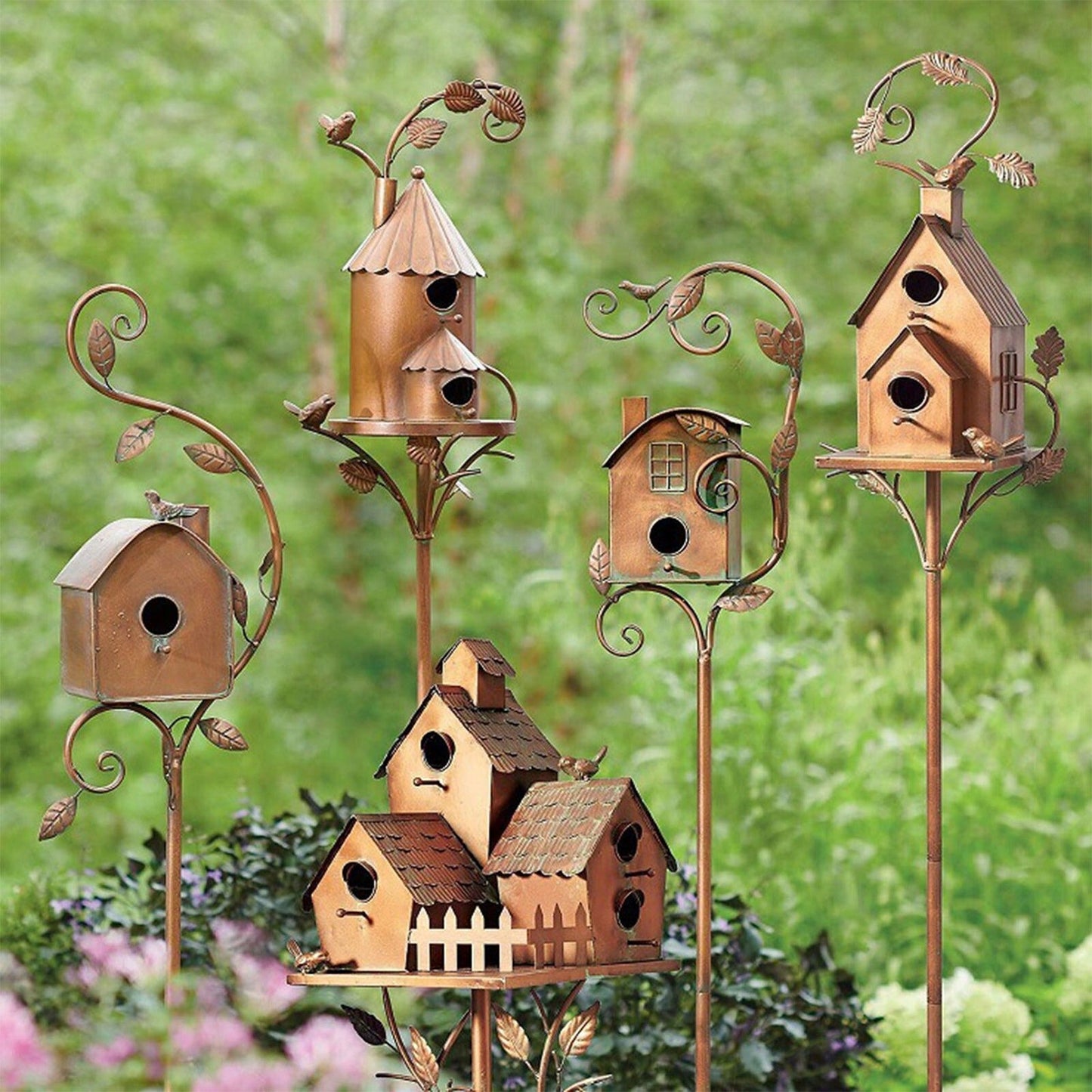 Outdoor Metal Birdhouse Art Stake Rustic Garden Yard Bird House Stand