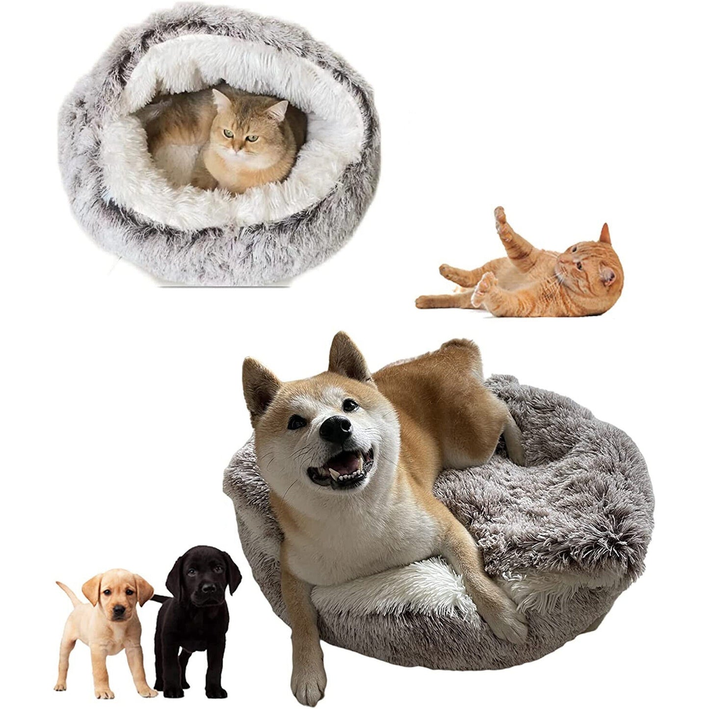 Cuddle Soft Warm Plush Pet Cat Bed Calming Igloo Tent House Grey