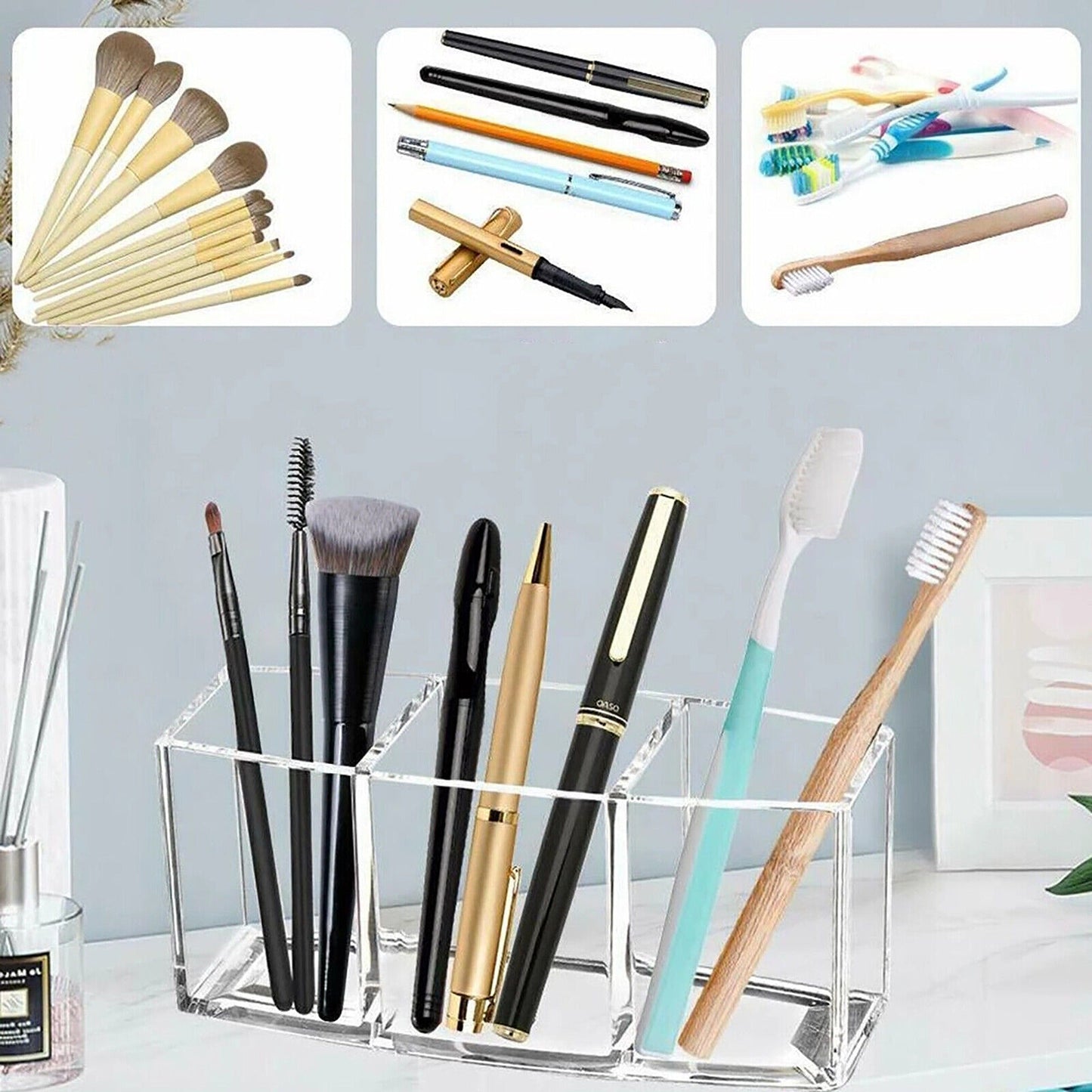Acrylic Makeup Brush Holder with 3 Compartments for Cosmetic Storage