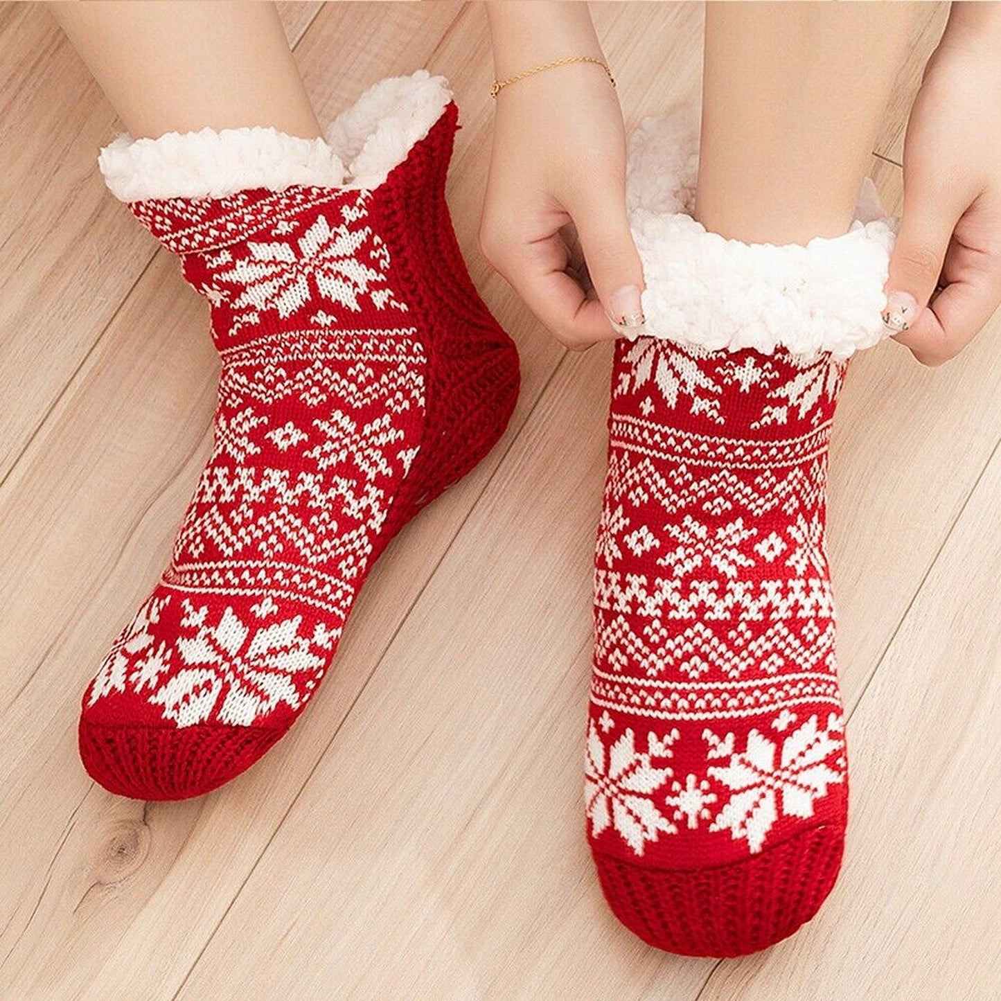 Winter Fleece Lined Women Slipper Socks Warm Fluffy Non Slip