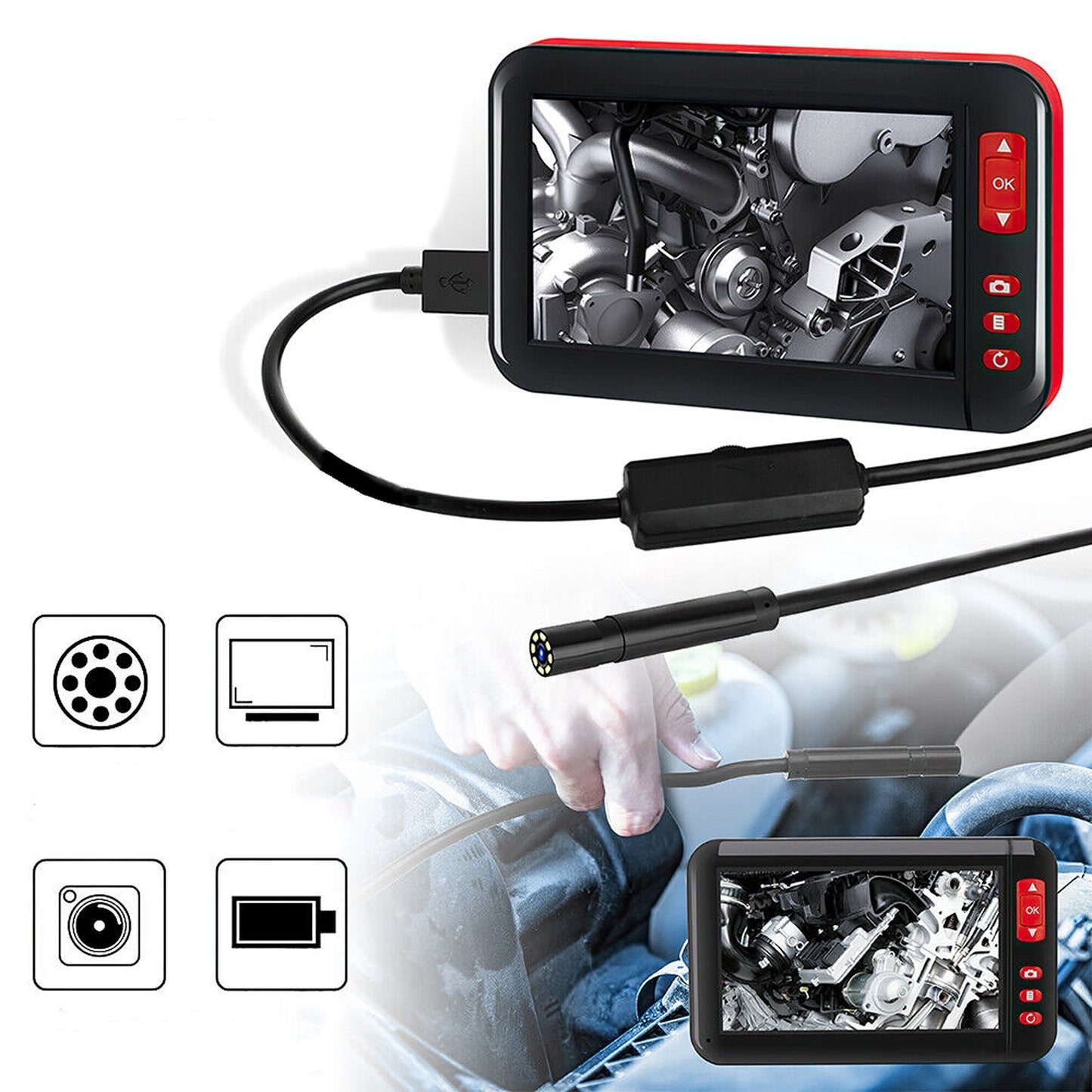 Industrial Endoscope with 4.3in HD Screen 1080P Borescope Inspection Camera