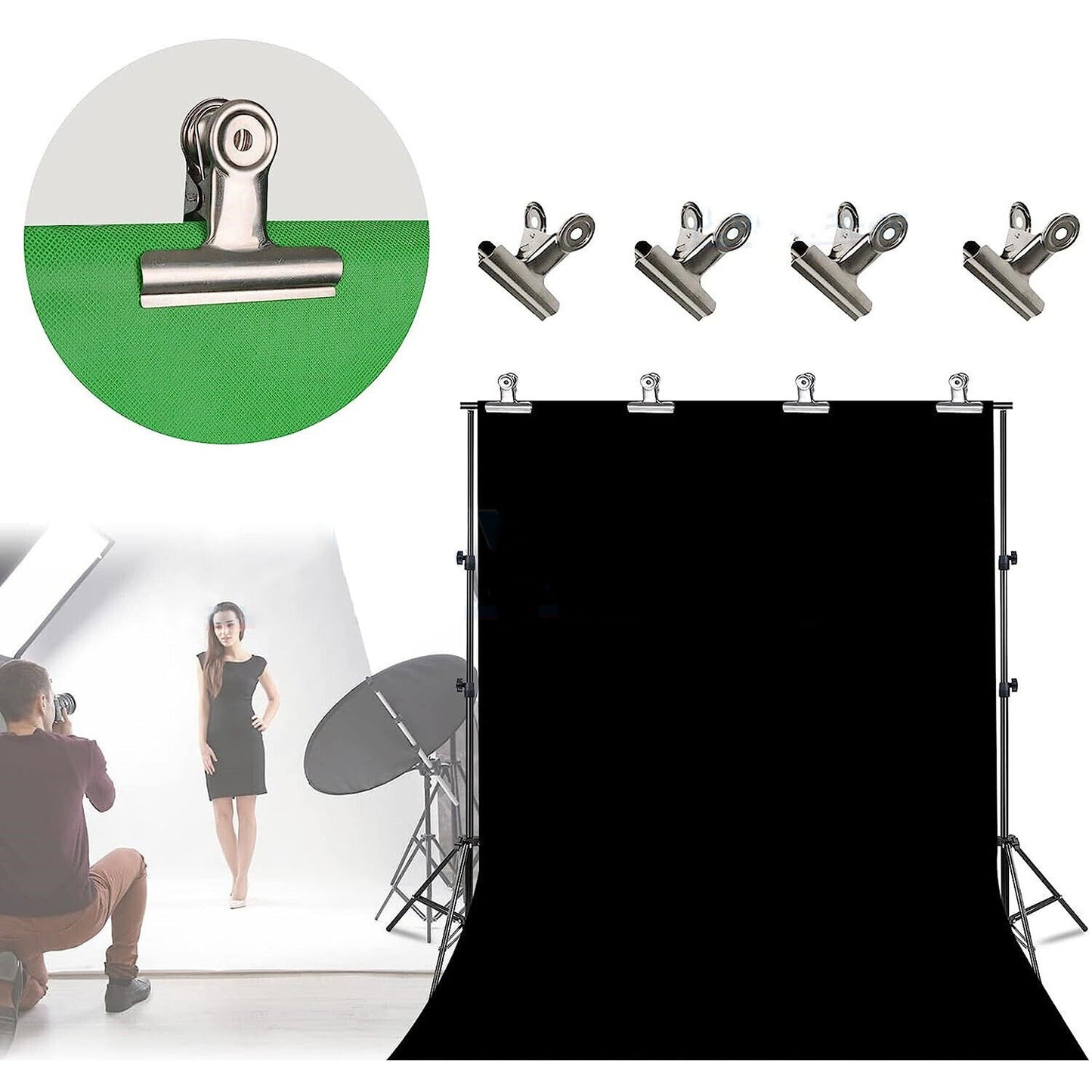 Studio Support Kit with Grey Green White and Black Photo Backdrops