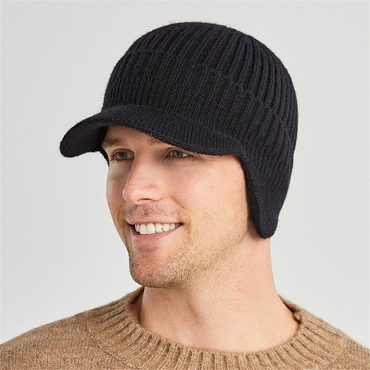Men Thick Wool Warm Beanie with Brim for Winter Cycling