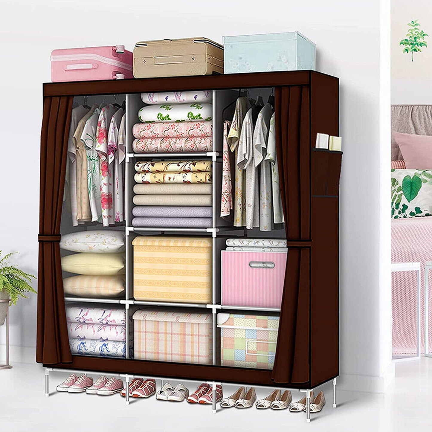 Large Portable Wardrobe with Shelves 66in Canvas Clothes Storage Organizer