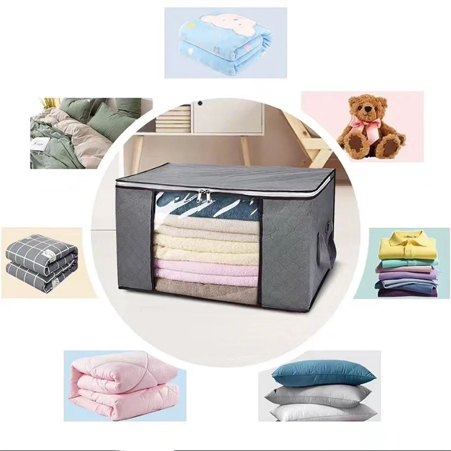 Large Storage Bag for Clothes and Quilts Grey Fabric Organizer with Zipper