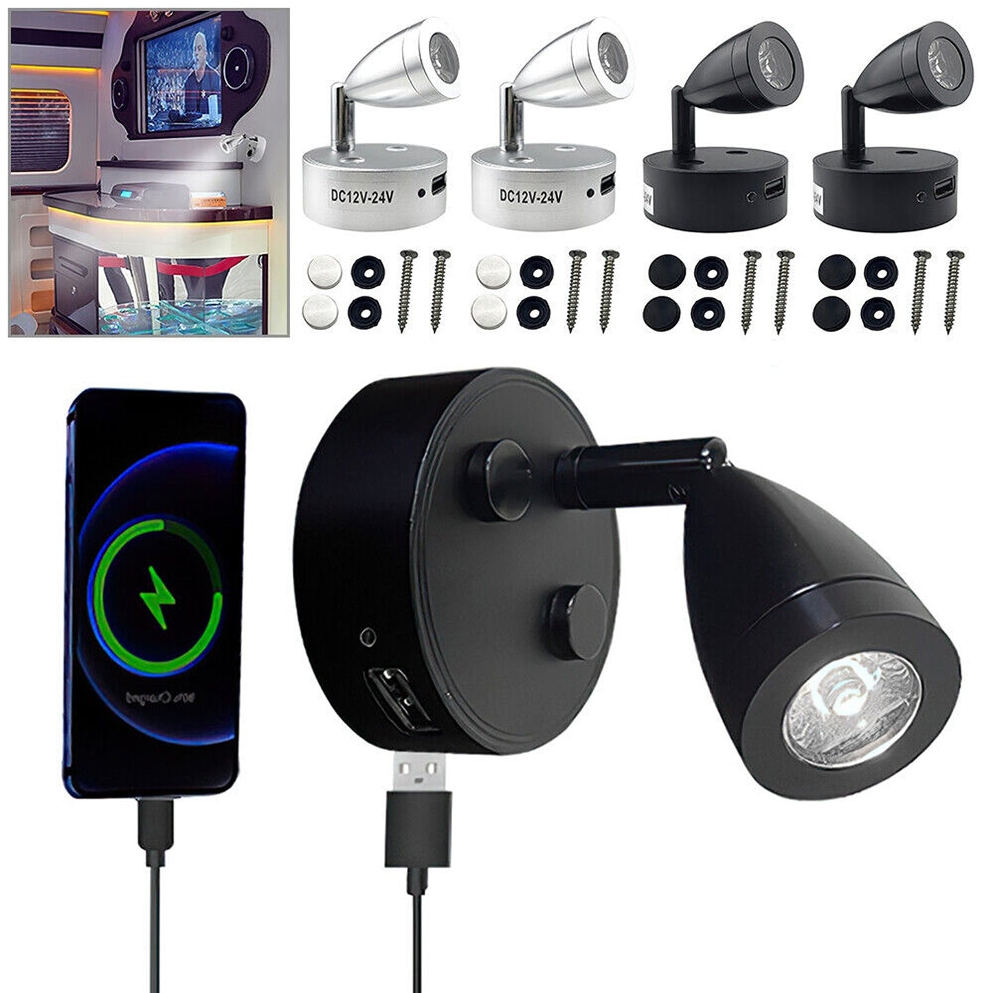 2pcs 12V LED Interior Spot Reading Lights for Camper Van Caravan and Boat