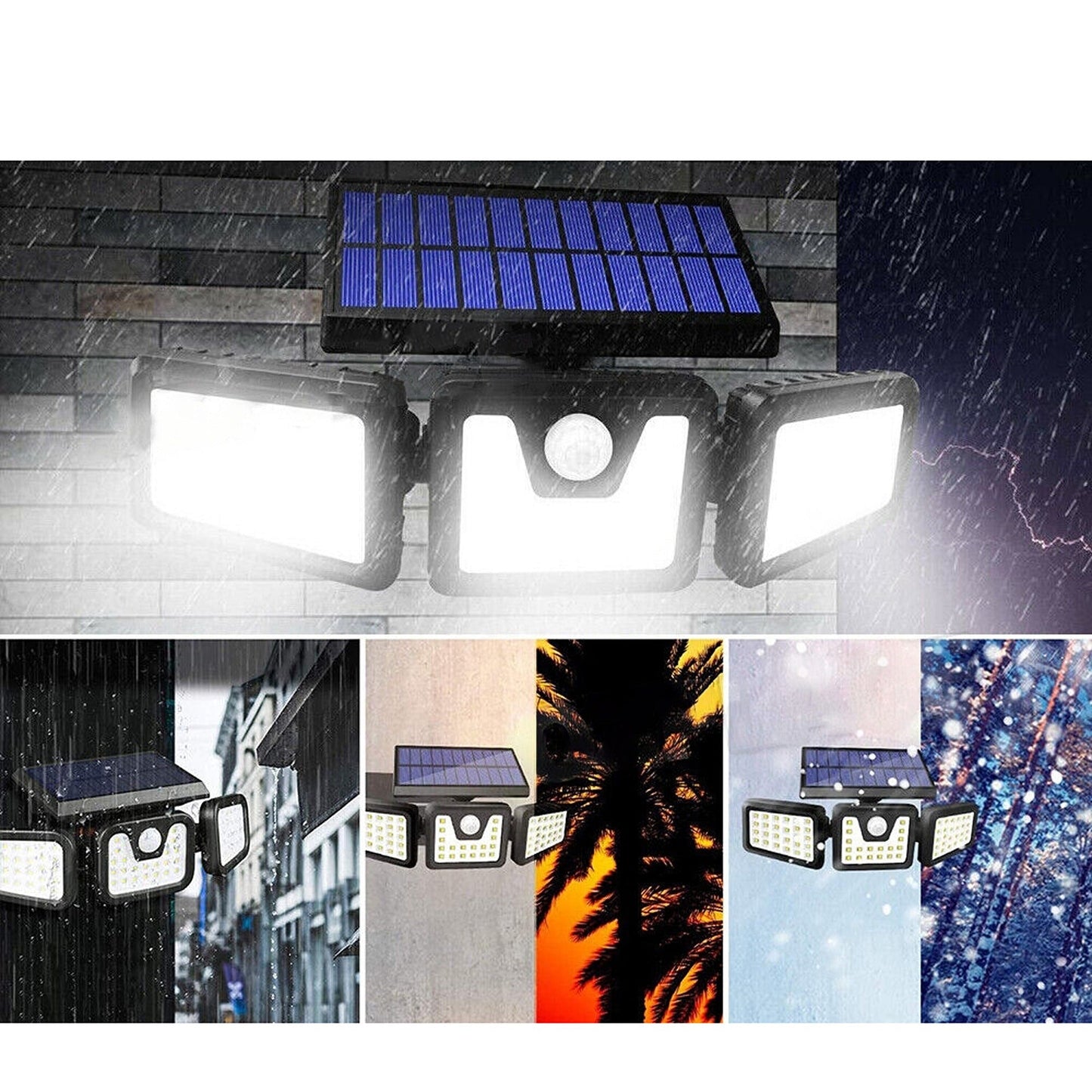 LED Solar Motion Sensor Security Light Outdoor 3 Head Wall Flood Lamp