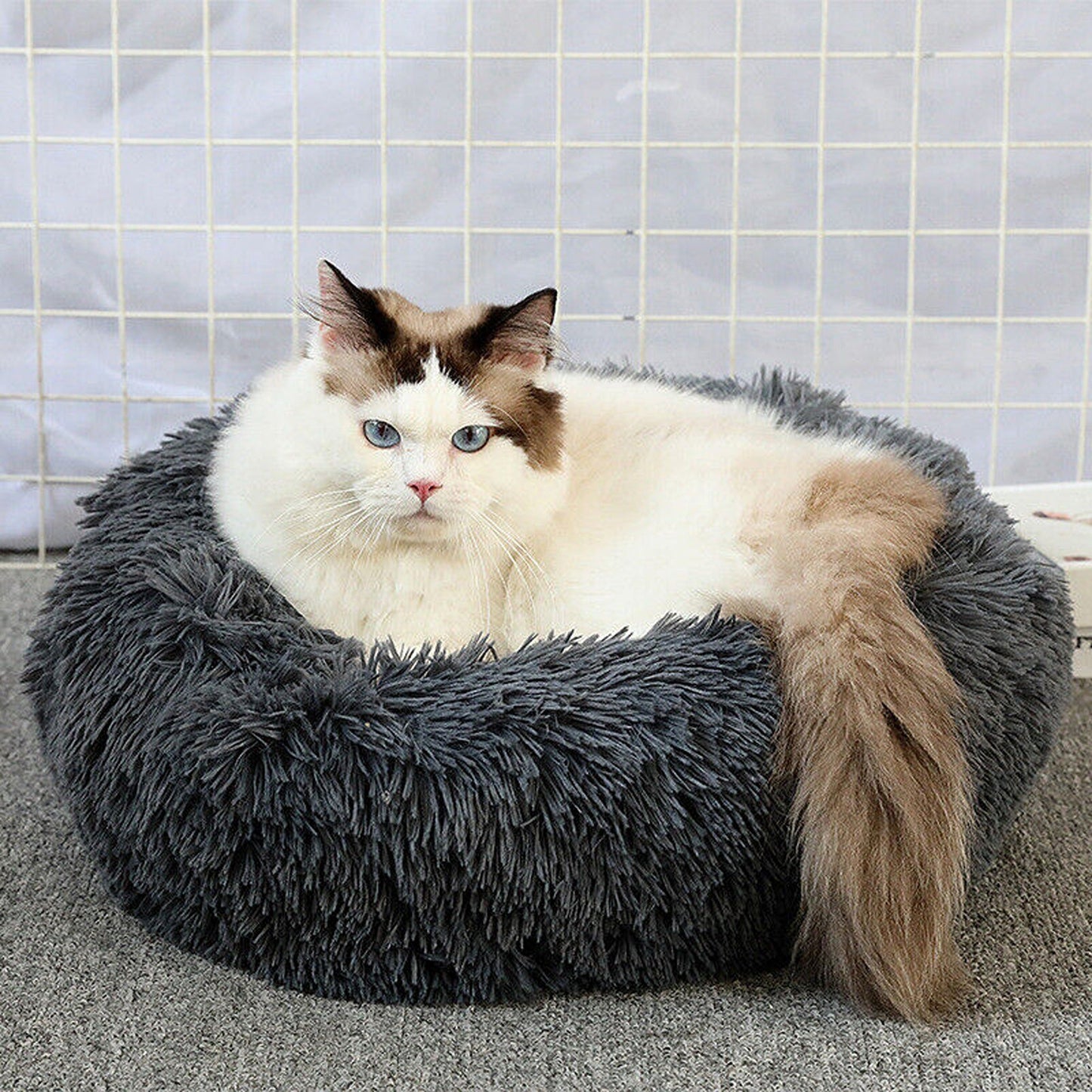 Grey Plush Round Nest Pet Dog Cat Calming Bed Comfy Sleeping Kennel Cave