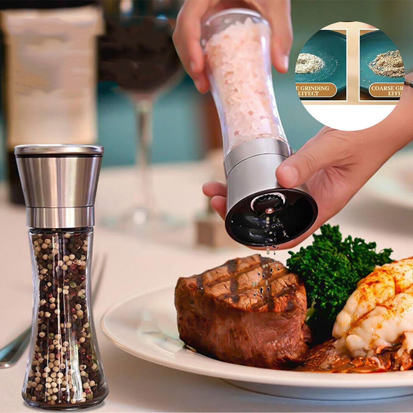 2pcs Adjustable Salt and Pepper Grinder Set Stainless Steel Glass Mill