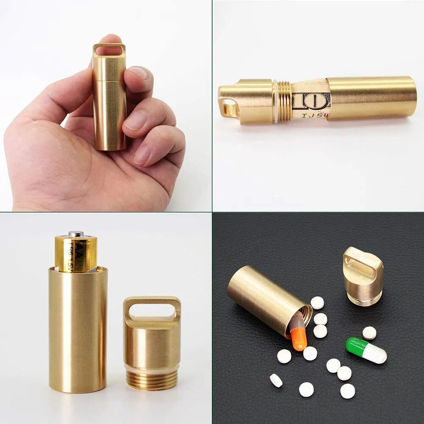 Brass Pill Container with Waterproof Case Keyring Holder