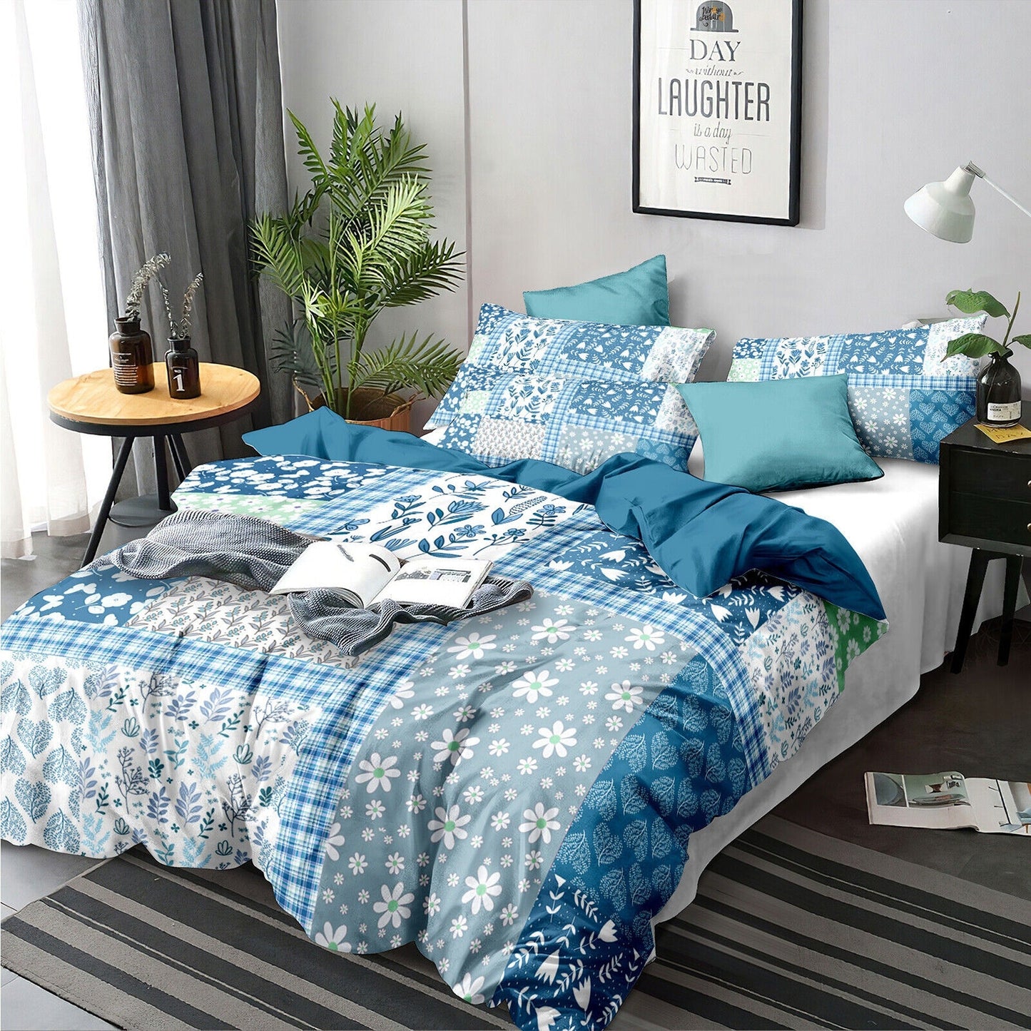 Blue Patchwork Bedding Set Soft Quilt Duvet Cover for Queen King Bed