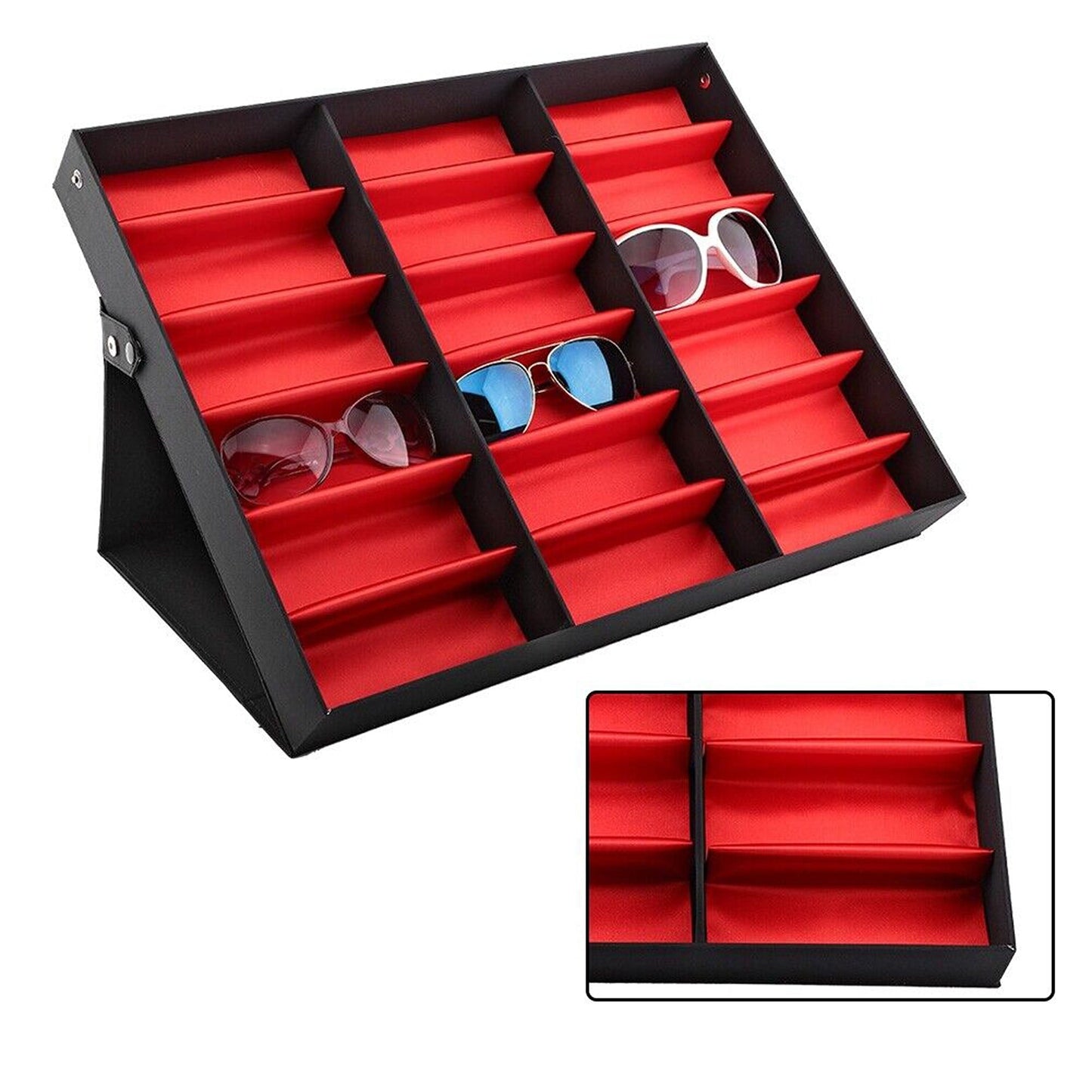 Eyewear Retail Display Case with 18 Grids and Cover Sunglasses Storage Box