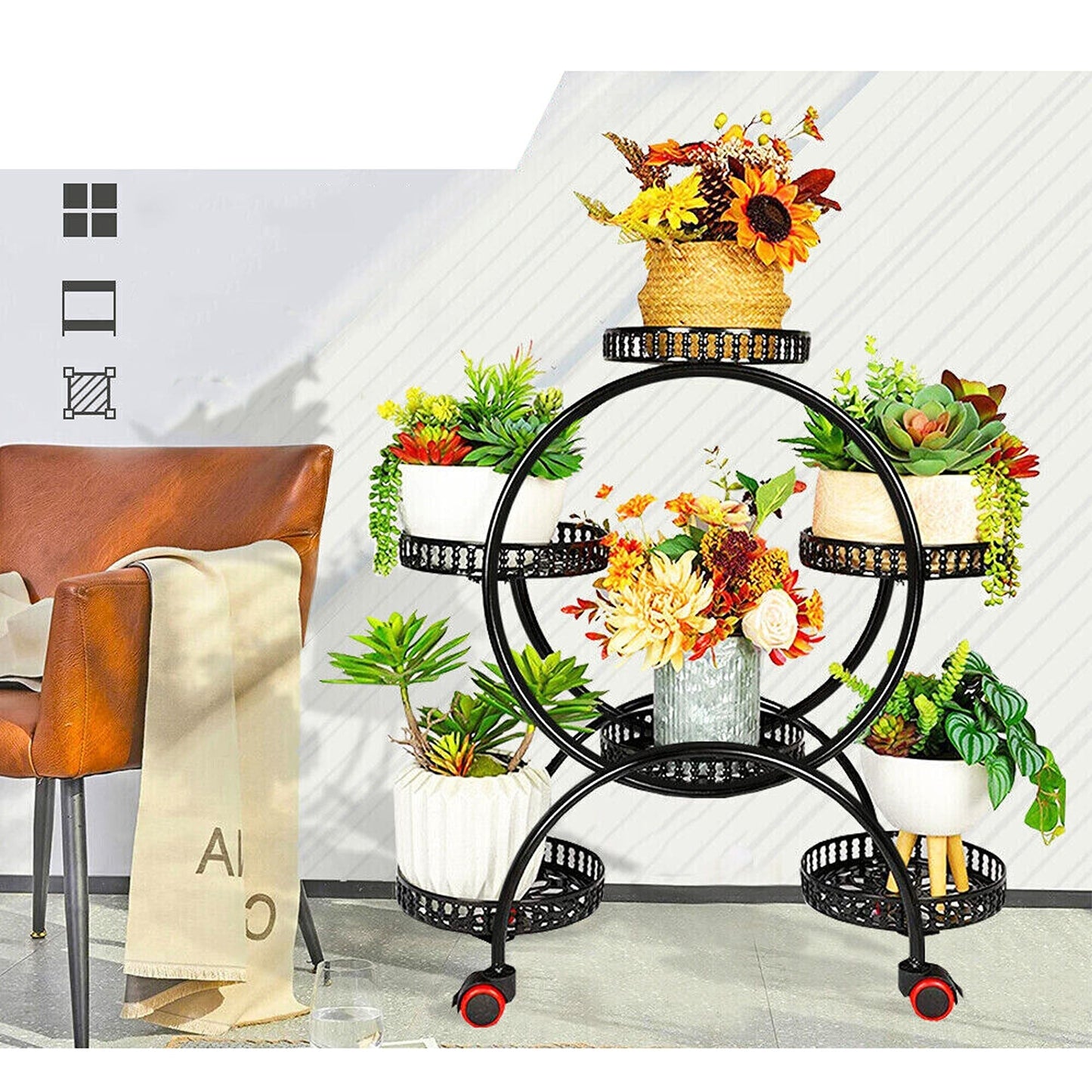 Plant Stand with 6 Pot Holders on Wheels for Easy Moving Indoors 4 Layer