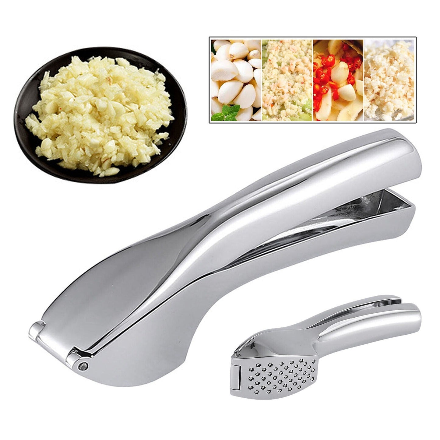 Silver Stainless Steel Garlic Press Crusher Kitchen Mincer Tool