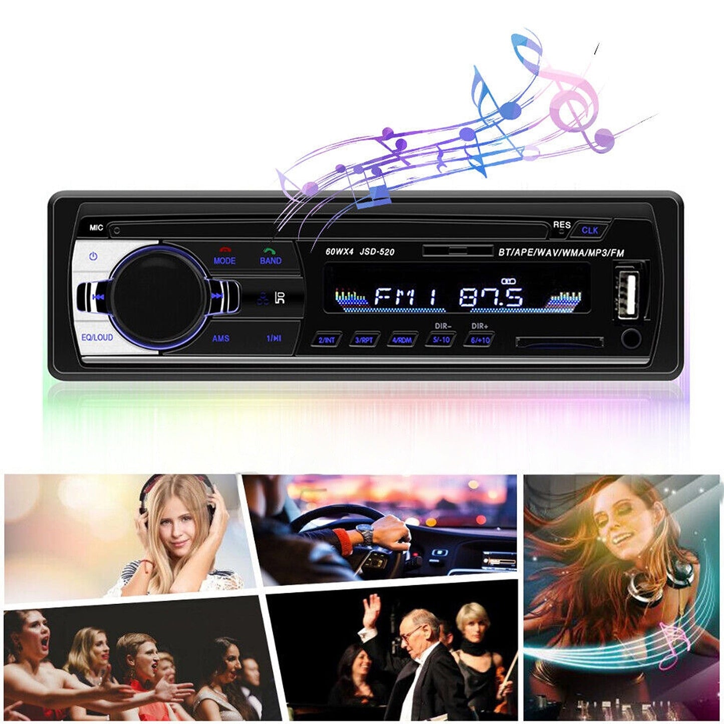 1Din Car Stereo with Bluetooth FM MP3 USB SD AUX Audio Player