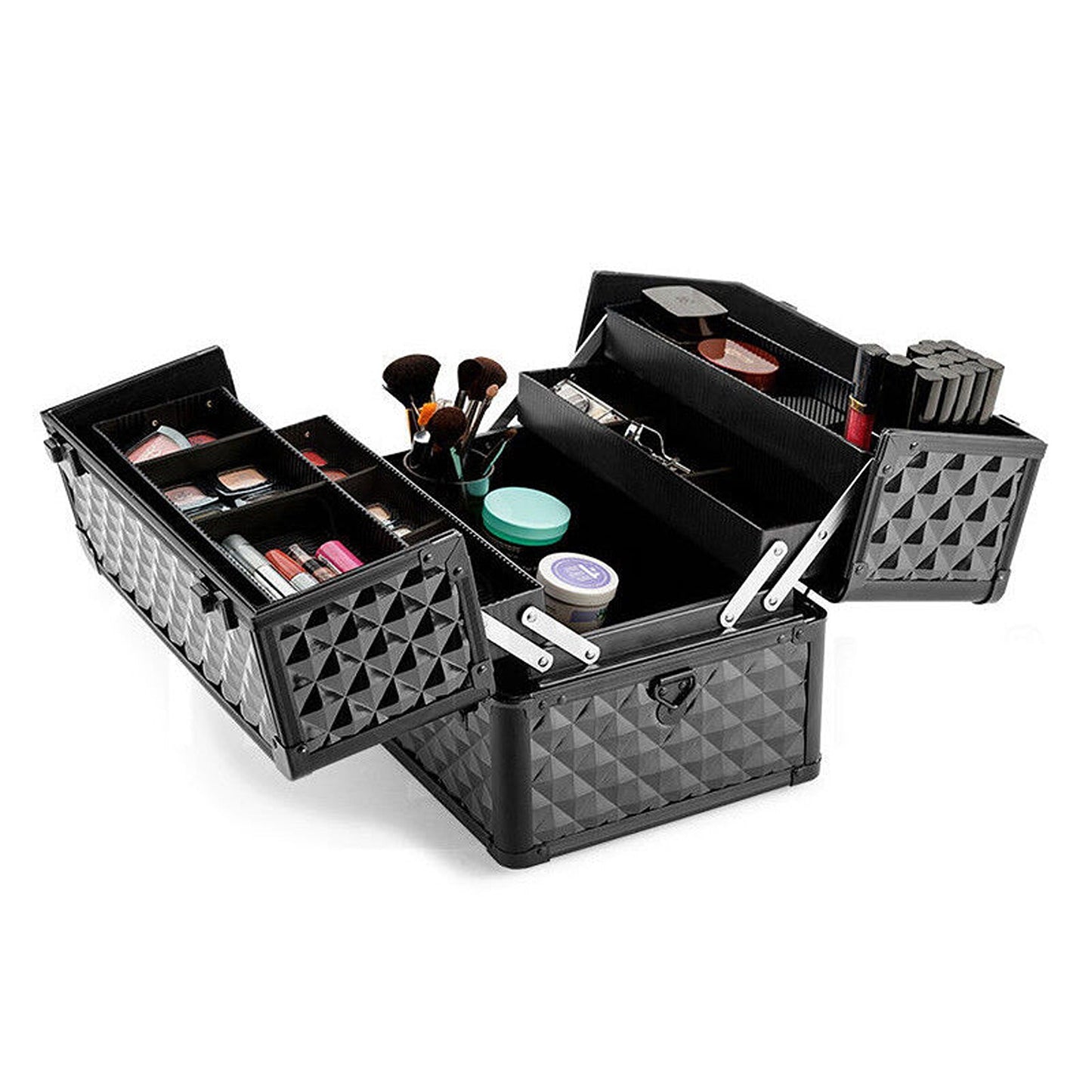 Portable Diamond Pattern Beauty Makeup Cosmetic Case with Carry Strap