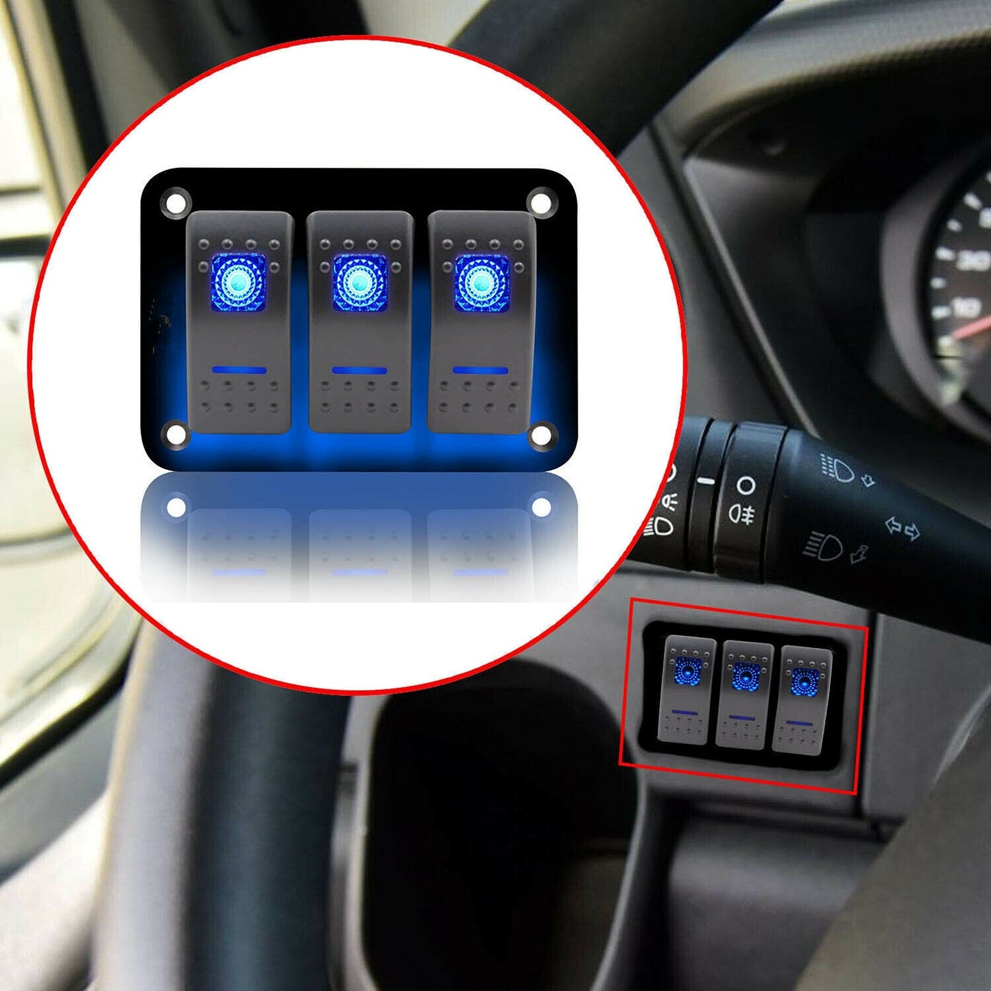 3 Gang Blue LED Rocker Switch Panel with Dual USB for Car Boat and RV