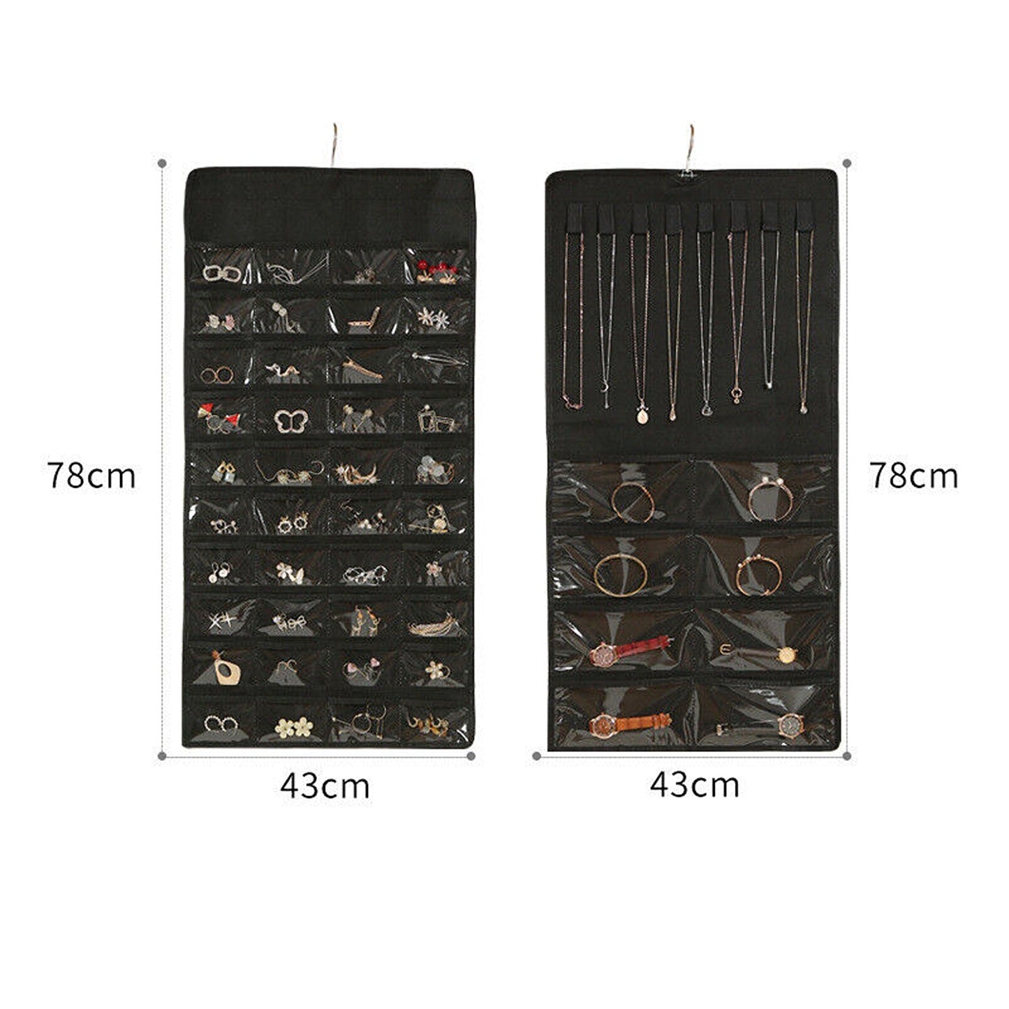 Black Hanging Jewelry Organizer with Storage Pouch for Earrings