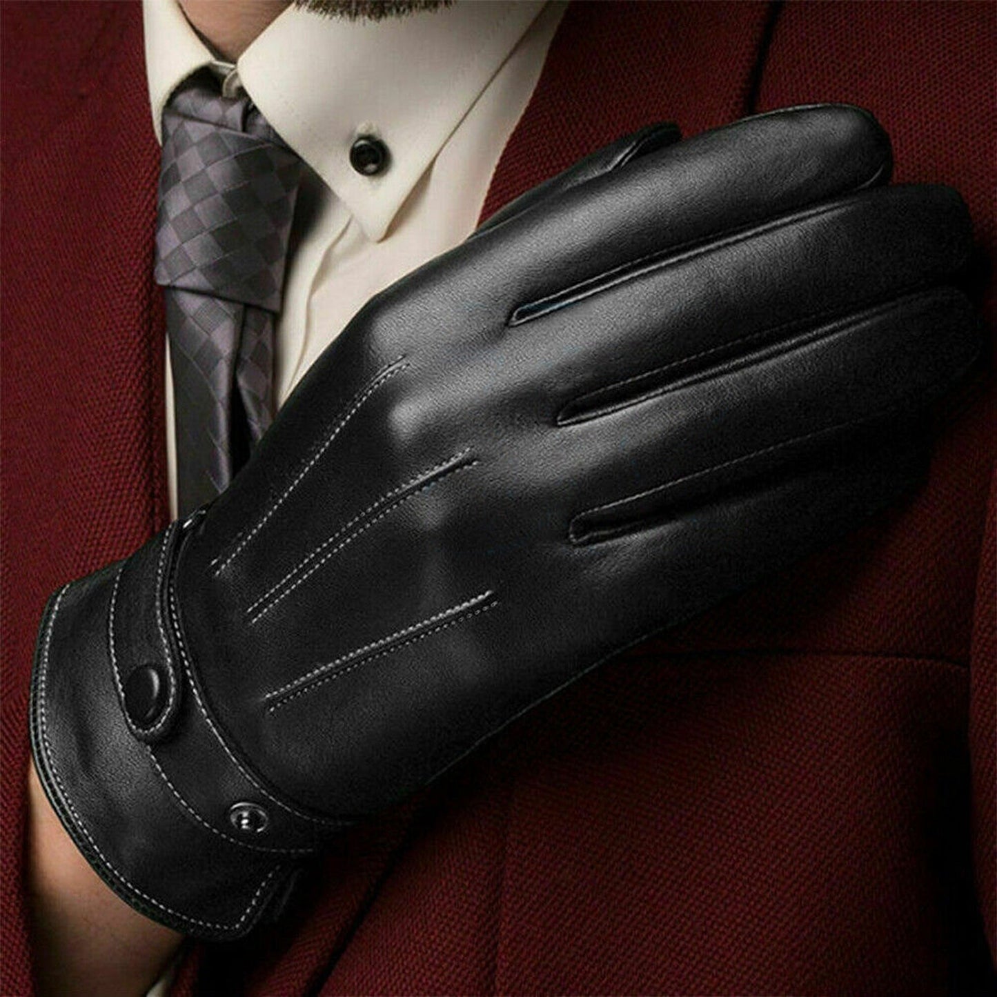 Men Winter Warm PU Leather Touch Screen Black Gloves for Smartphone