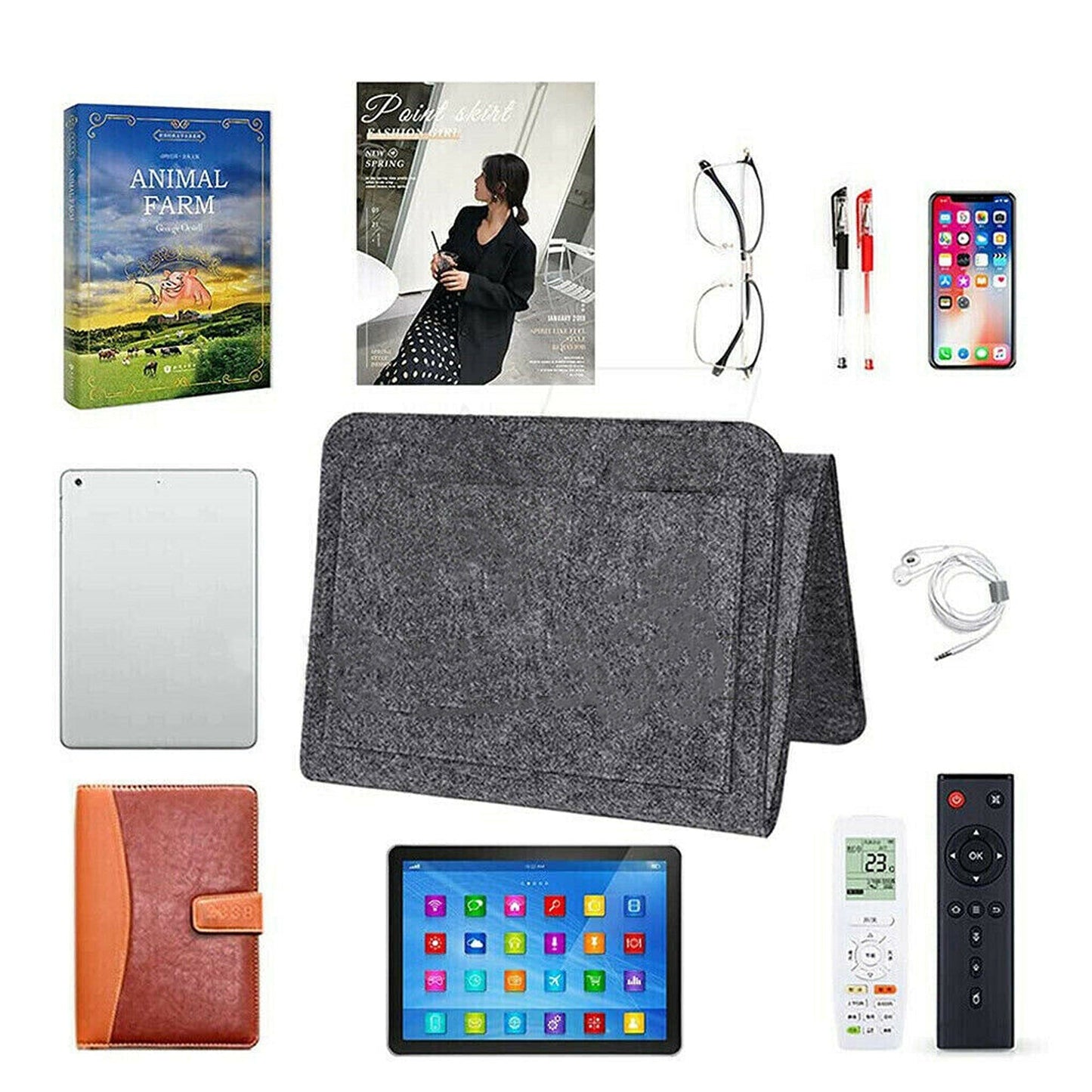 Light Grey Bedside Armrest Storage Organizer with Pockets