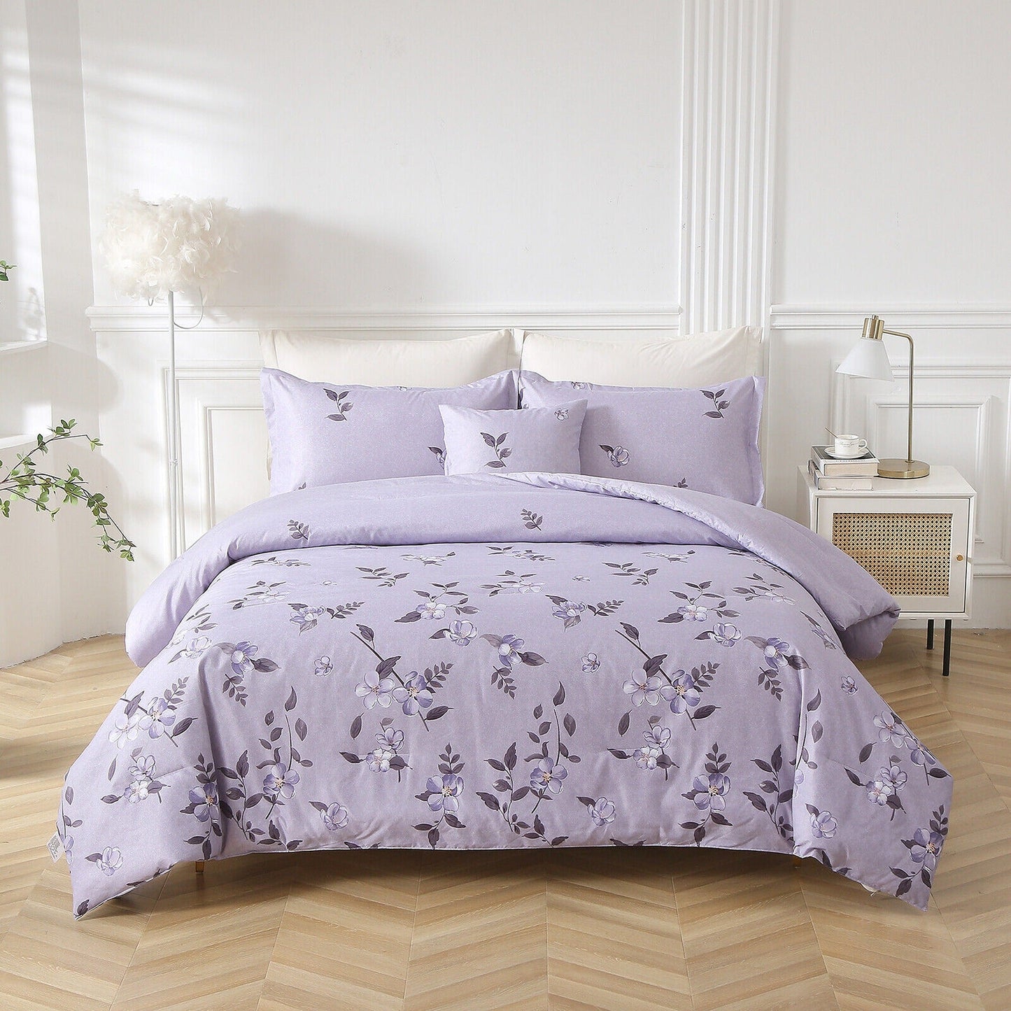 Leaves Pattern Purple Soft Quilt Duvet Cover Set for Queen King Bed