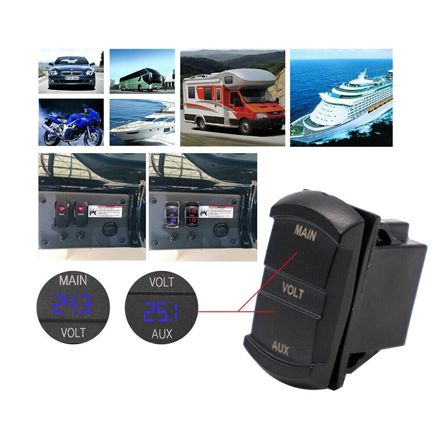 Dual Battery Volt Meter for Marine Vehicles LED Digital Display