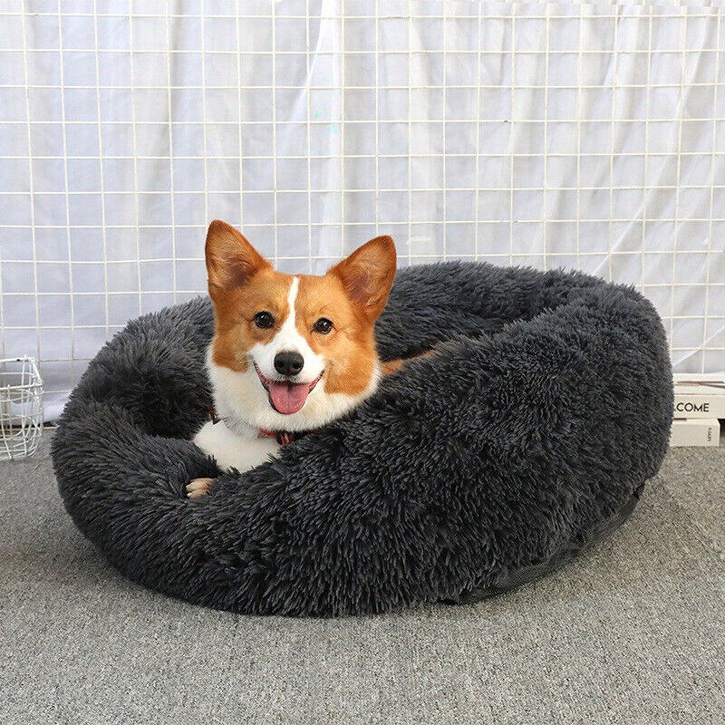 Grey Plush Round Nest Pet Dog Cat Calming Bed Comfy Sleeping Kennel Cave
