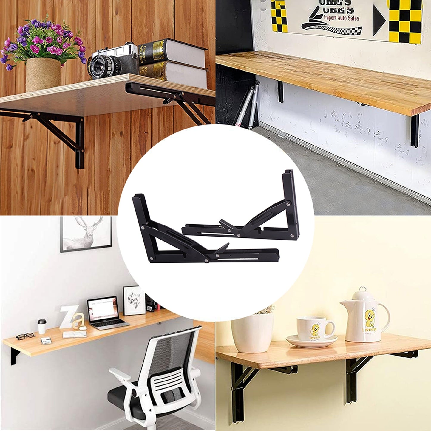 2pcs Black Steel Folding Table Bracket for Wall-Mounted Shelves