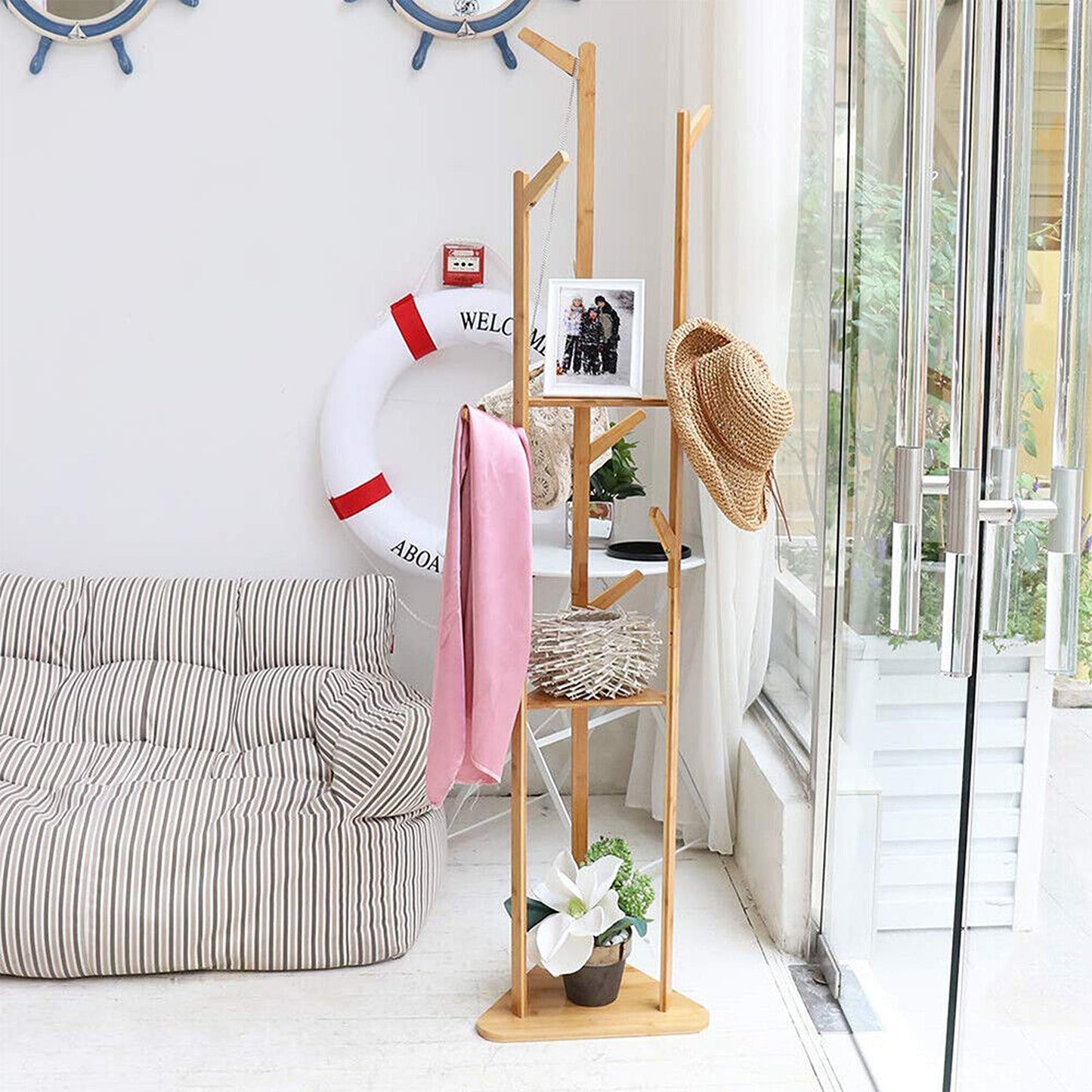 Wooden Coat Rack with 3 Tiers and 9 Hooks
