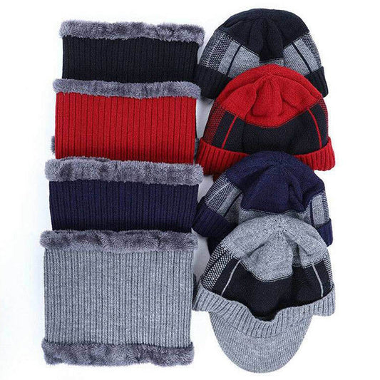 Men Fleece Lined Winter Beanie and Scarf Set Fashion Warm Ski Cap