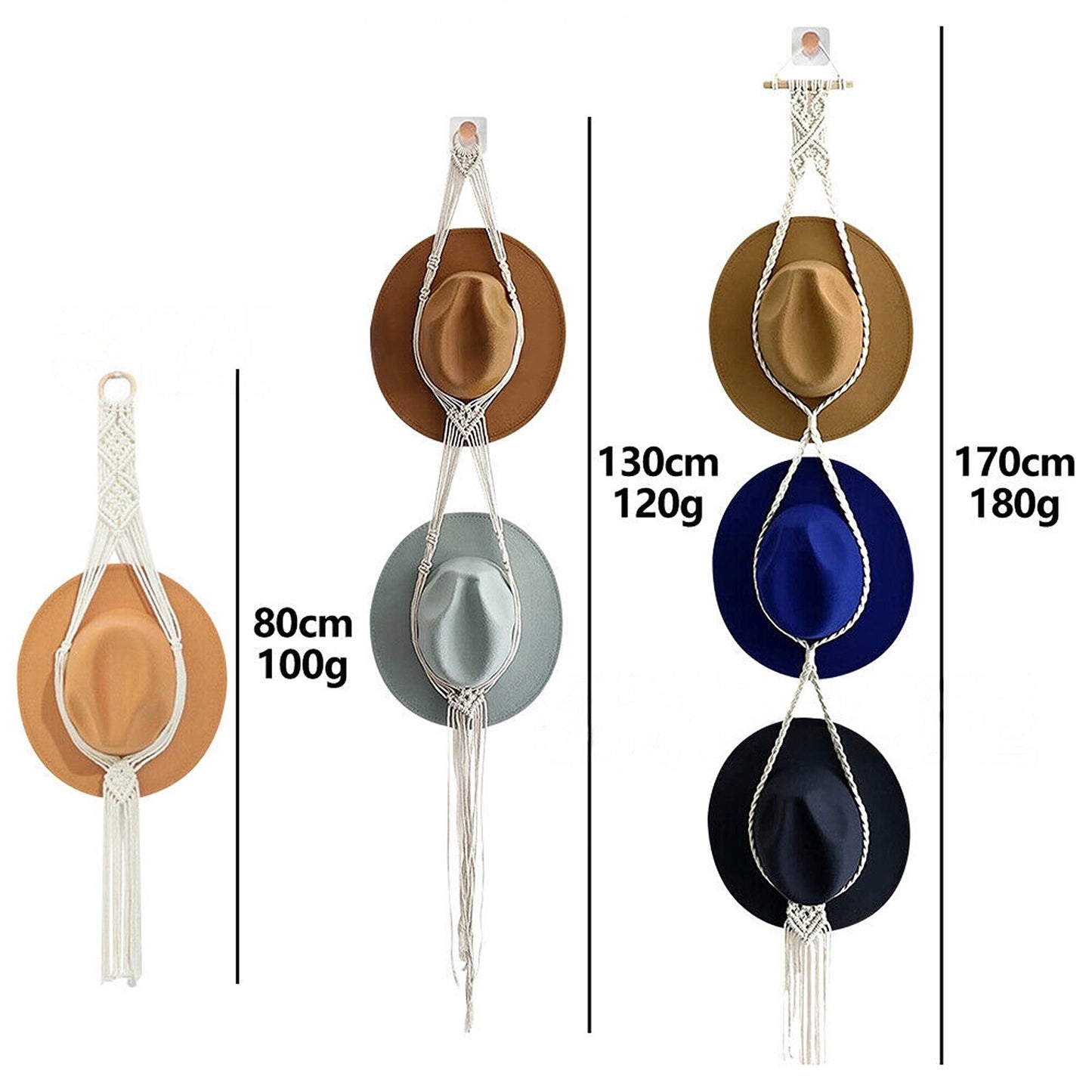 Boho Style Macrame Hat Display Rack Rope Hanger for 1 to 3 Hats